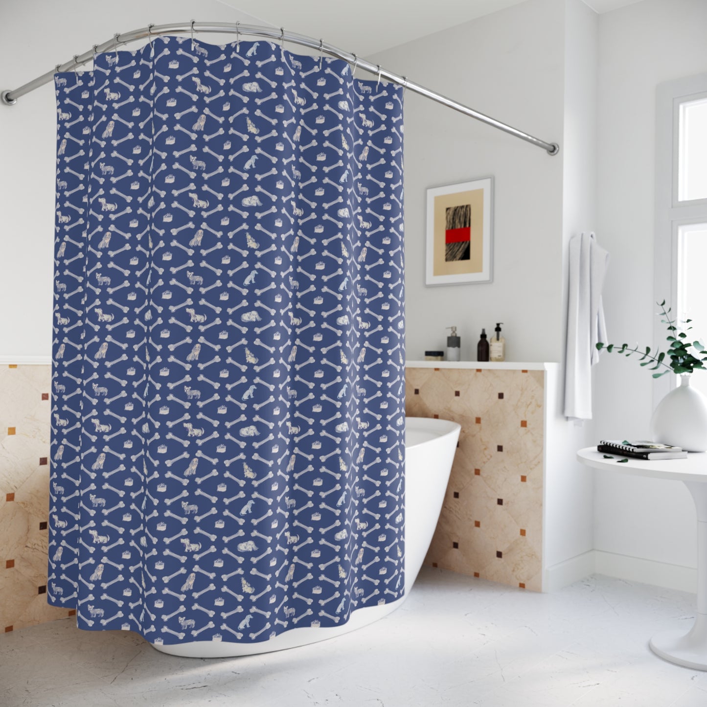 Dog Shower Curtain Navy Blue, Dog Bone Stripe Blue Foggy Night, Bones and Bowls Stripe Pattern, Pet Lover Bath Decor, Fur Friend Collection