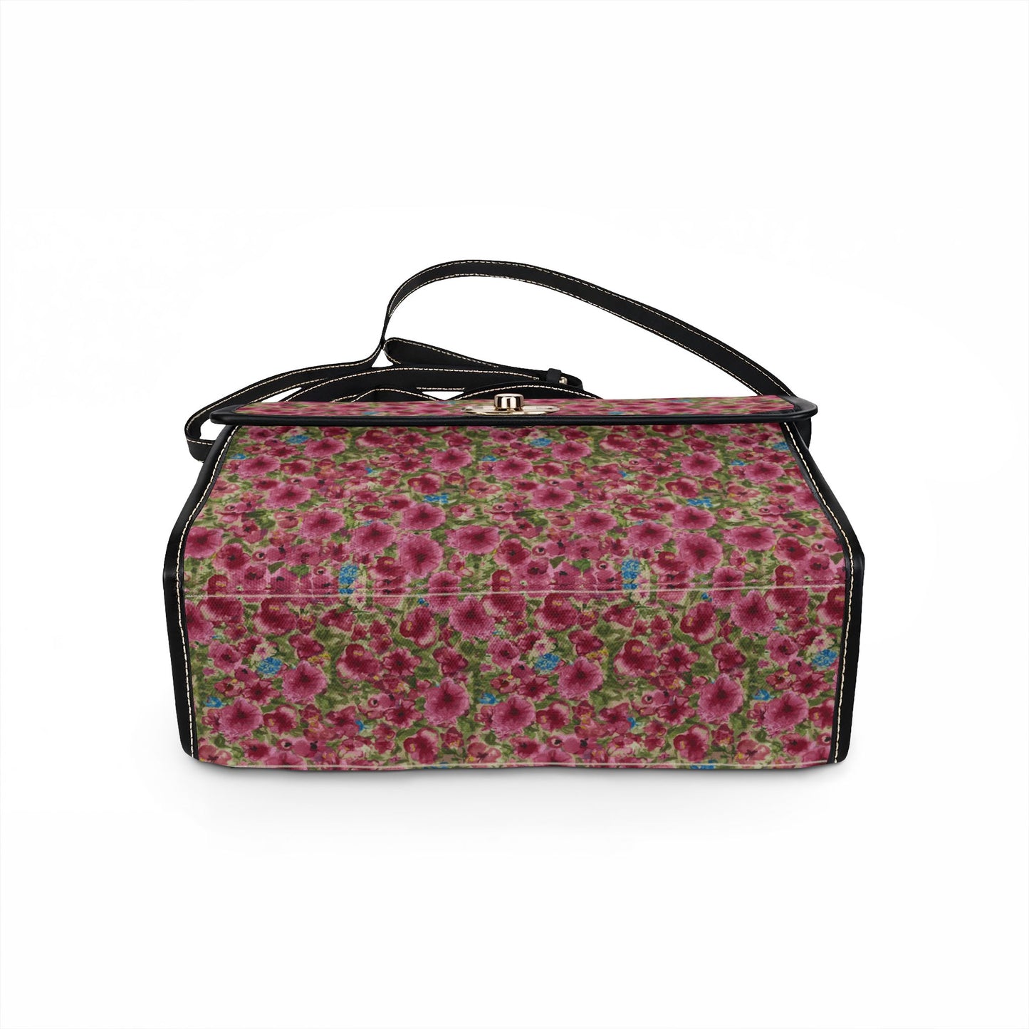 Pink watercolor poppies floral satchel handbag featuring a cottage garden botanical pattern with crossbody strap and top handle.