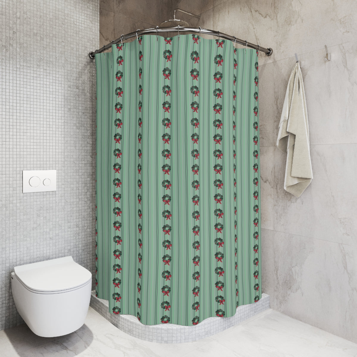 Christmas Wreath & Ribbon Watercolor Shower Curtain — in a bathroom (view 3)