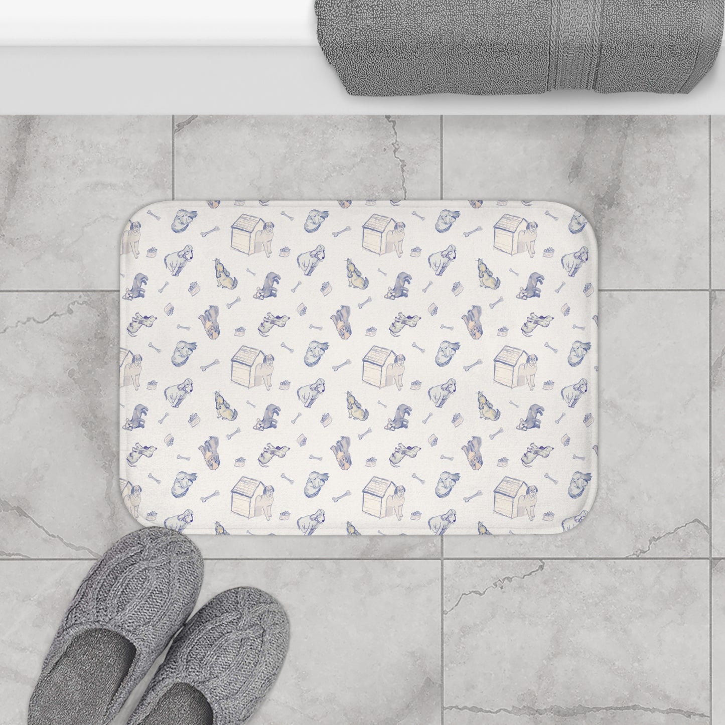 Blue Dog On Cream Scatter Bath Mat