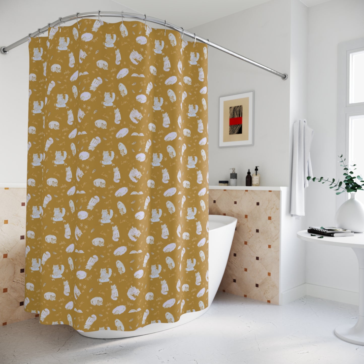 Mustard yellow cat-themed shower curtain featuring a cozy repeating pattern of sleeping and fluffy cats, books, stars, leaves, and handwritten details in soft white on a warm golden background, perfect for cozy cat lover bathroom décor.
