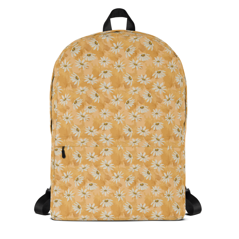 Backpack with white daisy pattern on a golden honey background