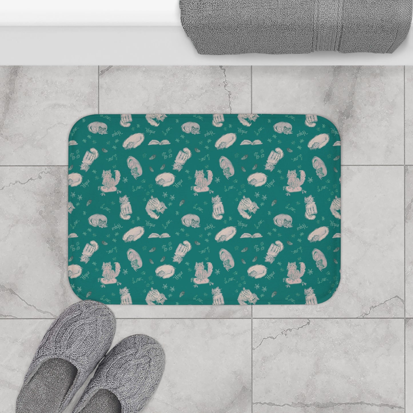 Kitty Cats Love & Hope Teal Cat Bath Mat
