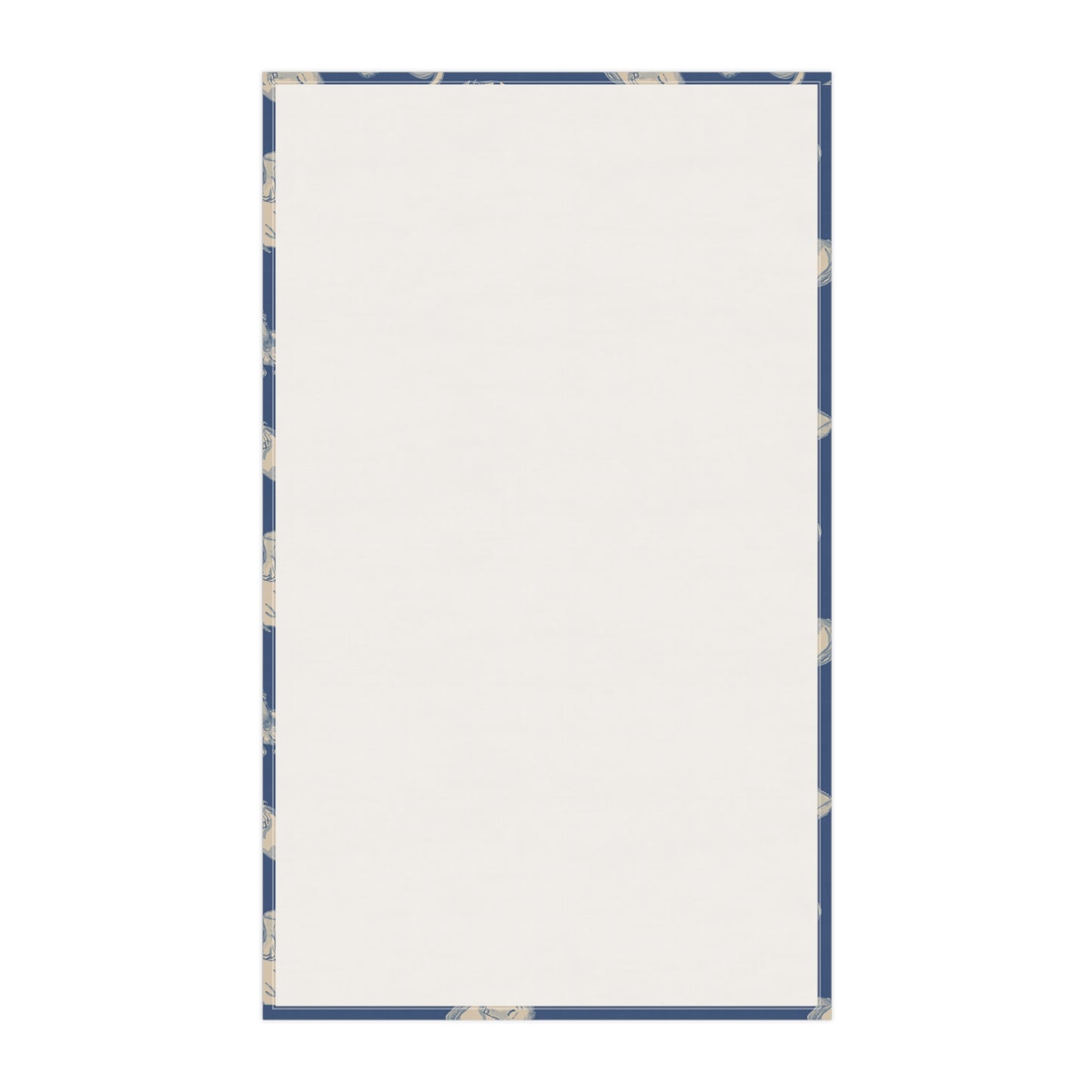 Rectangular back of tea towel with a blue border on a white background