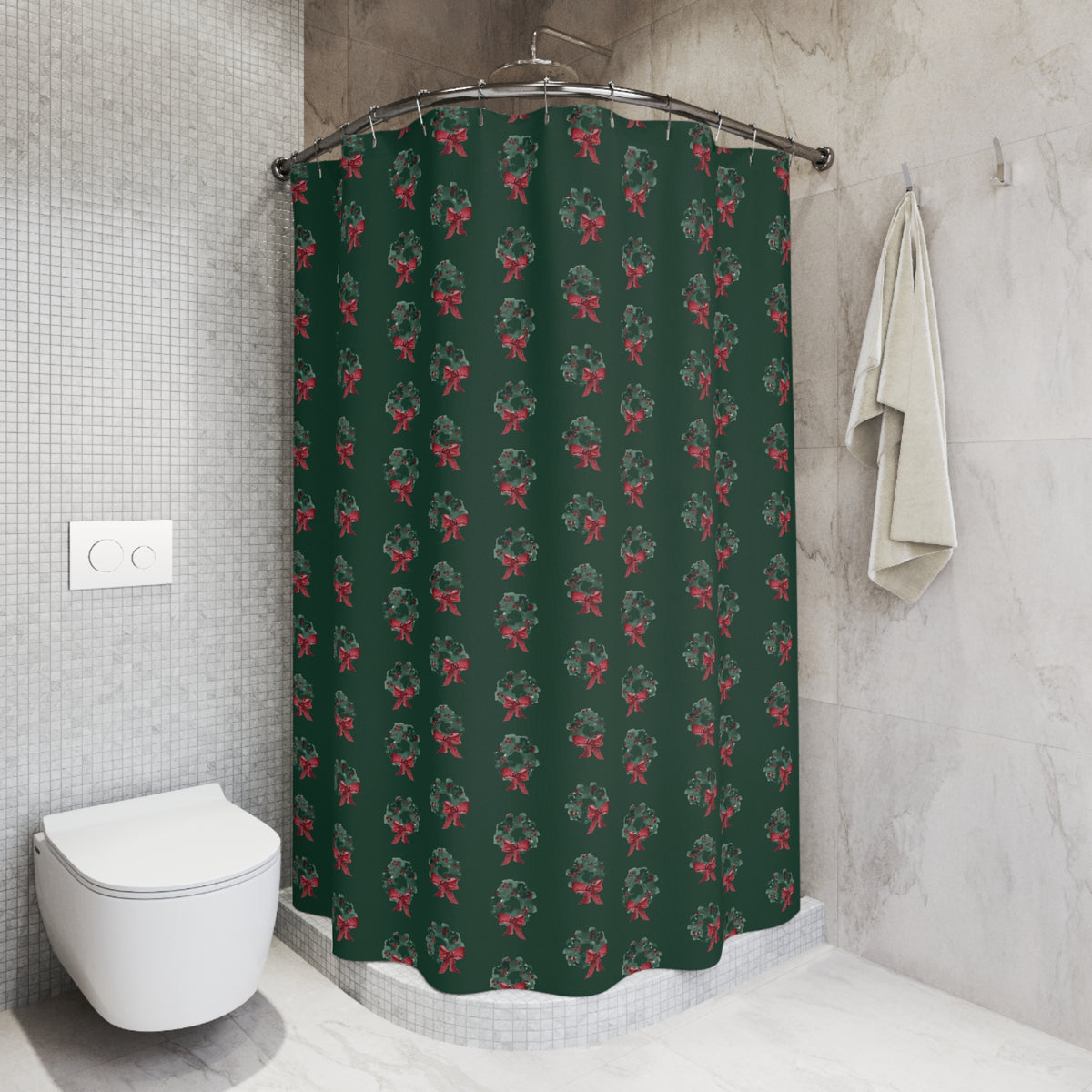 Evergreen Wreath Christmas Shower Curtain – Dark Green — in a bathroom (view 3)