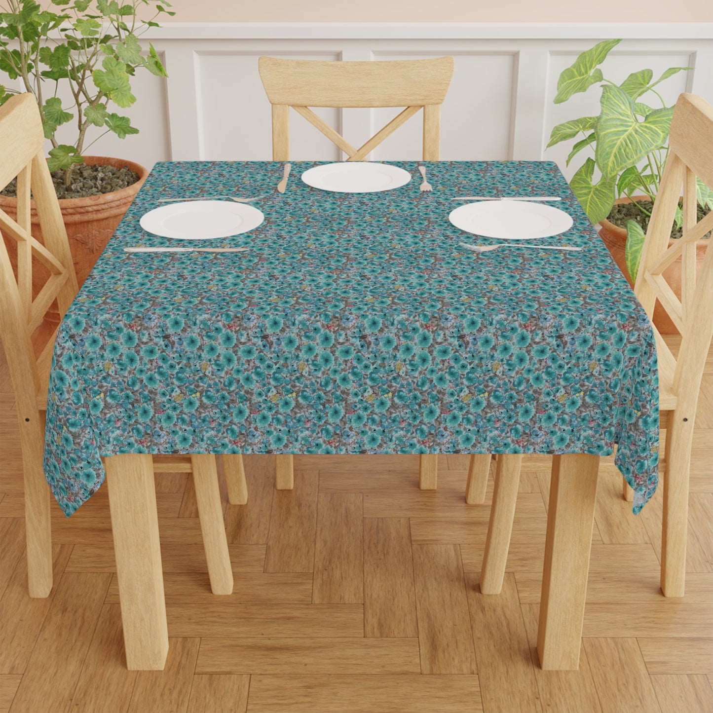 statement tablecloth with dense wildflower pattern and textured background