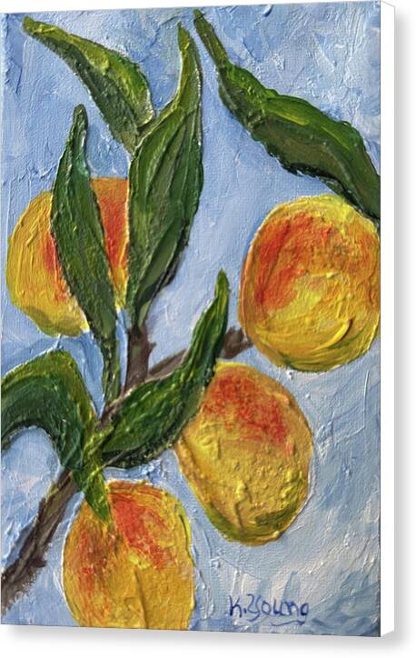 Bough of Plenty Four Peaches on Blue Canvas Print — White wrap