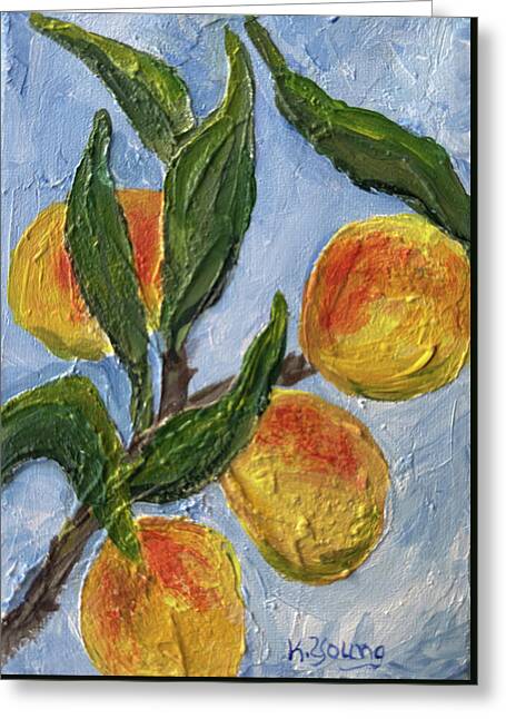 Greeting card featuring Bough of Plenty, Kathryn Young's painting of four golden peaches on a leafy branch against a blue sky