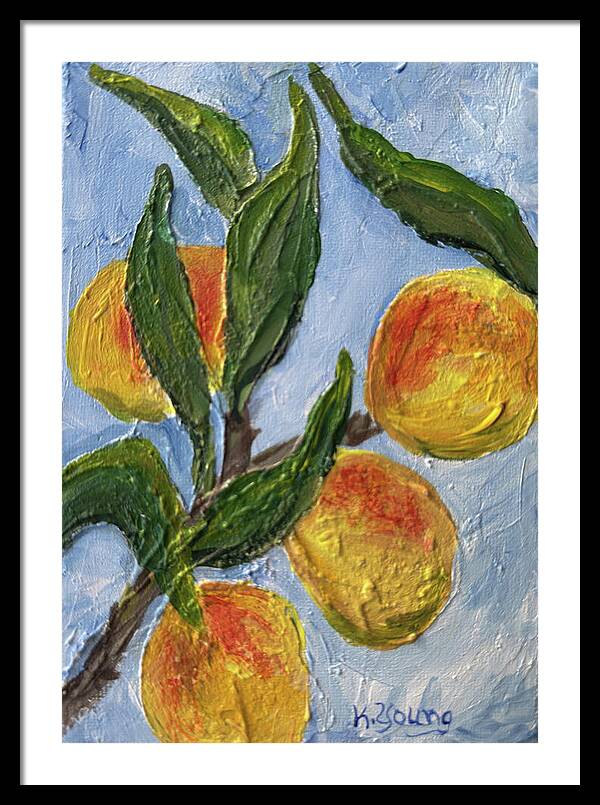 Bough of Plenty Four Peaches on Blue Framed Print — Black frame, White mat, 21" x 30"