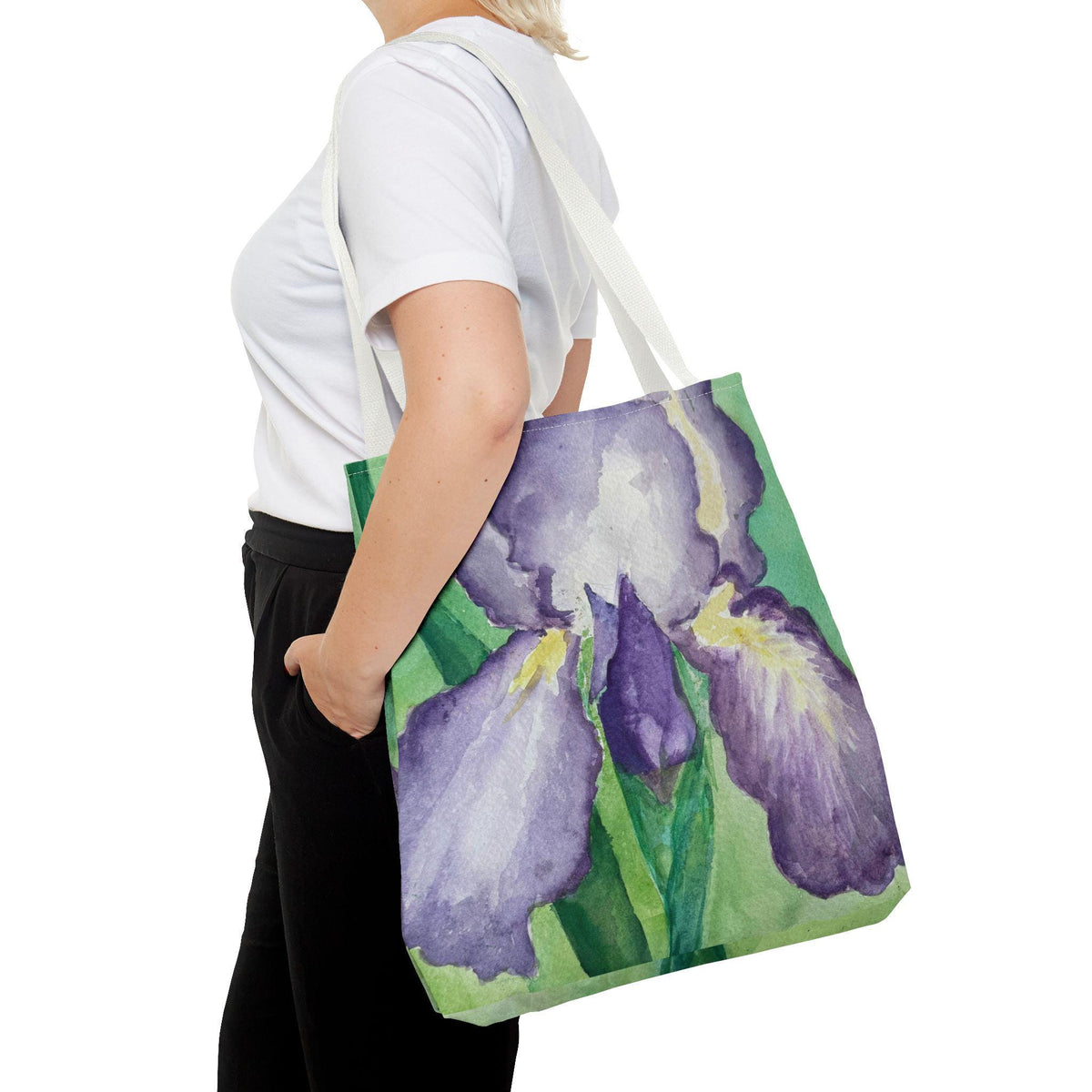 Purple Iris Watercolor Tote Bag: Botanical Garden Art Shoulder Bag