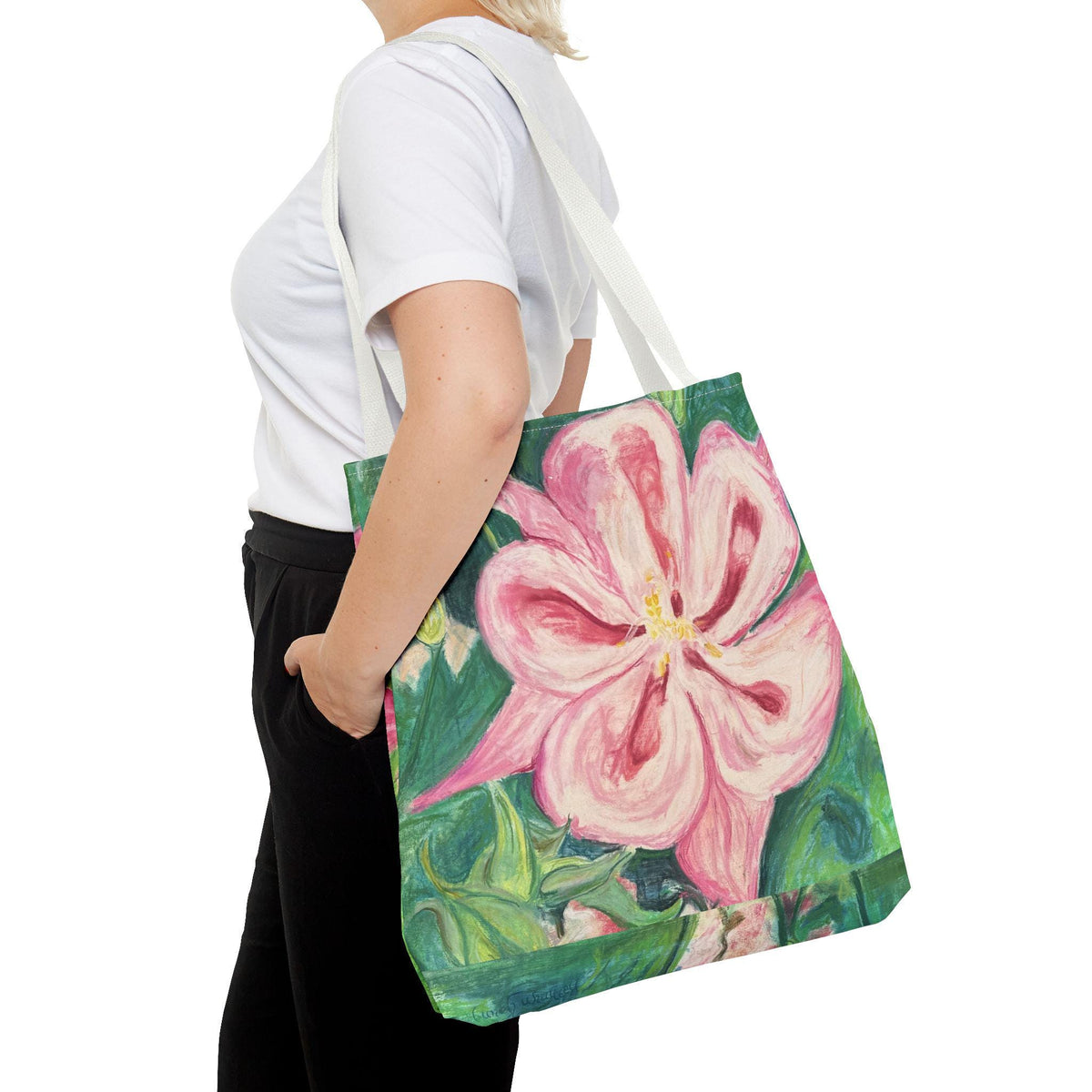 Hand-Painted Pink Columbine Tote Bag | Romantic Floral Market Carryall