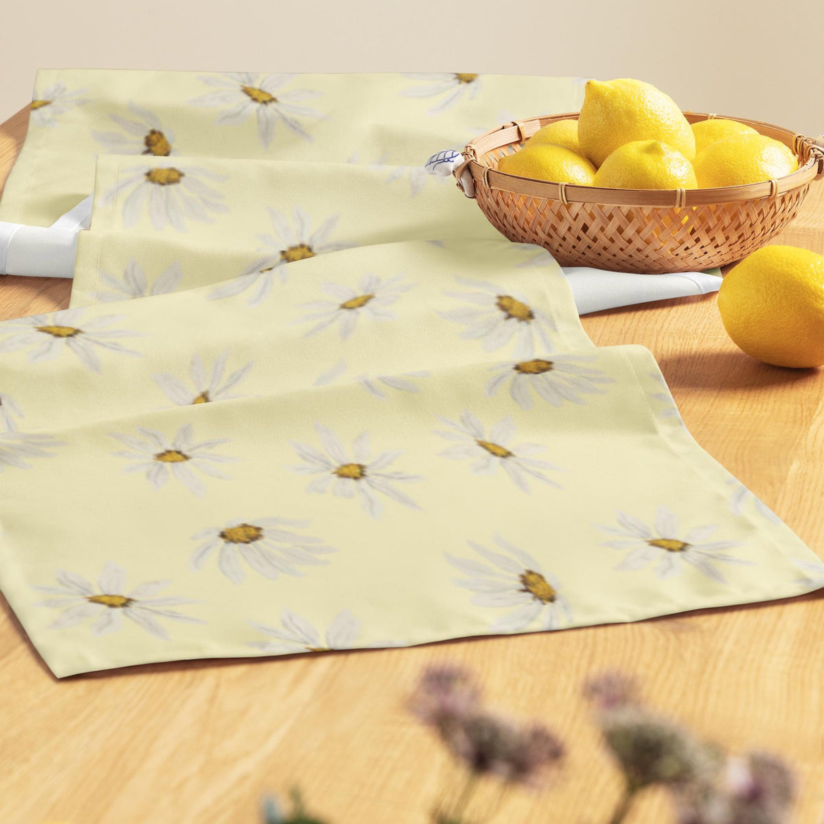 Sunny Daisy Table Runner Coffee Bar– Soft Yellow Floral Linen Decor