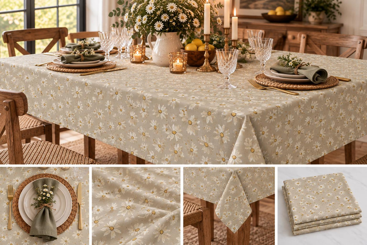Hand-Painted Daisy Print Cotton Tablecloth: Beige Floral, Farmhouse Style (Available in 58"×58" or 58"×102")
