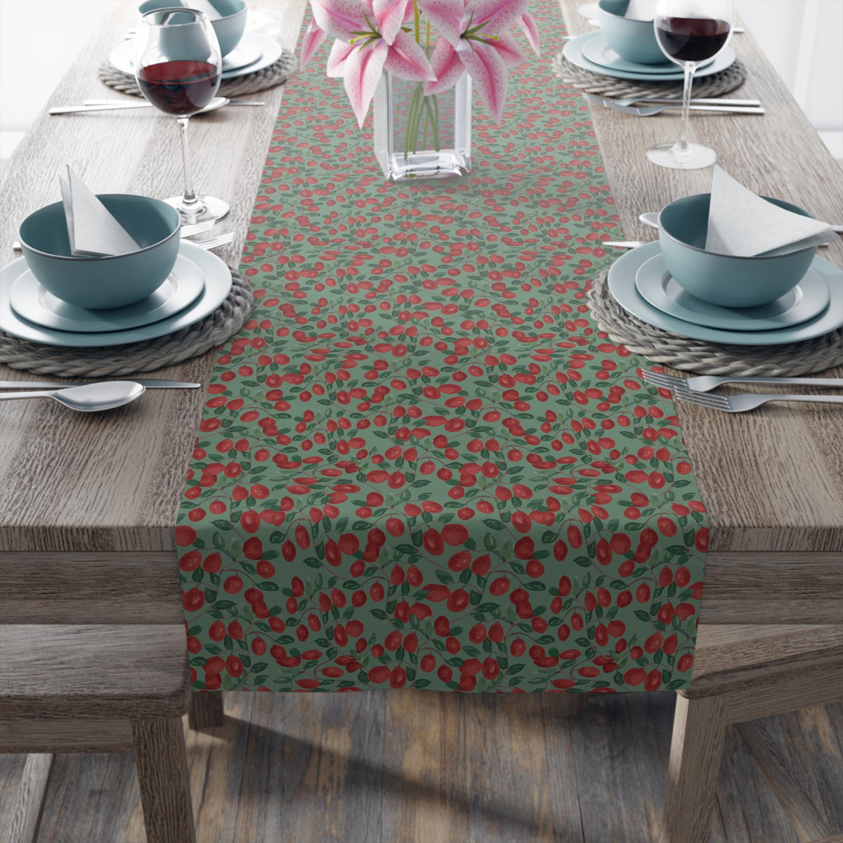 Cranberry Vine Table Runner | Sage Green Holiday Dining Decor | New England Berry Pattern | Festive Table Decor Gift