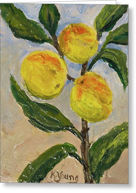 Greeting card featuring Soft Light in the Orchard, Kathryn Young's painting of peaches on a leafy branch in soft golden light
