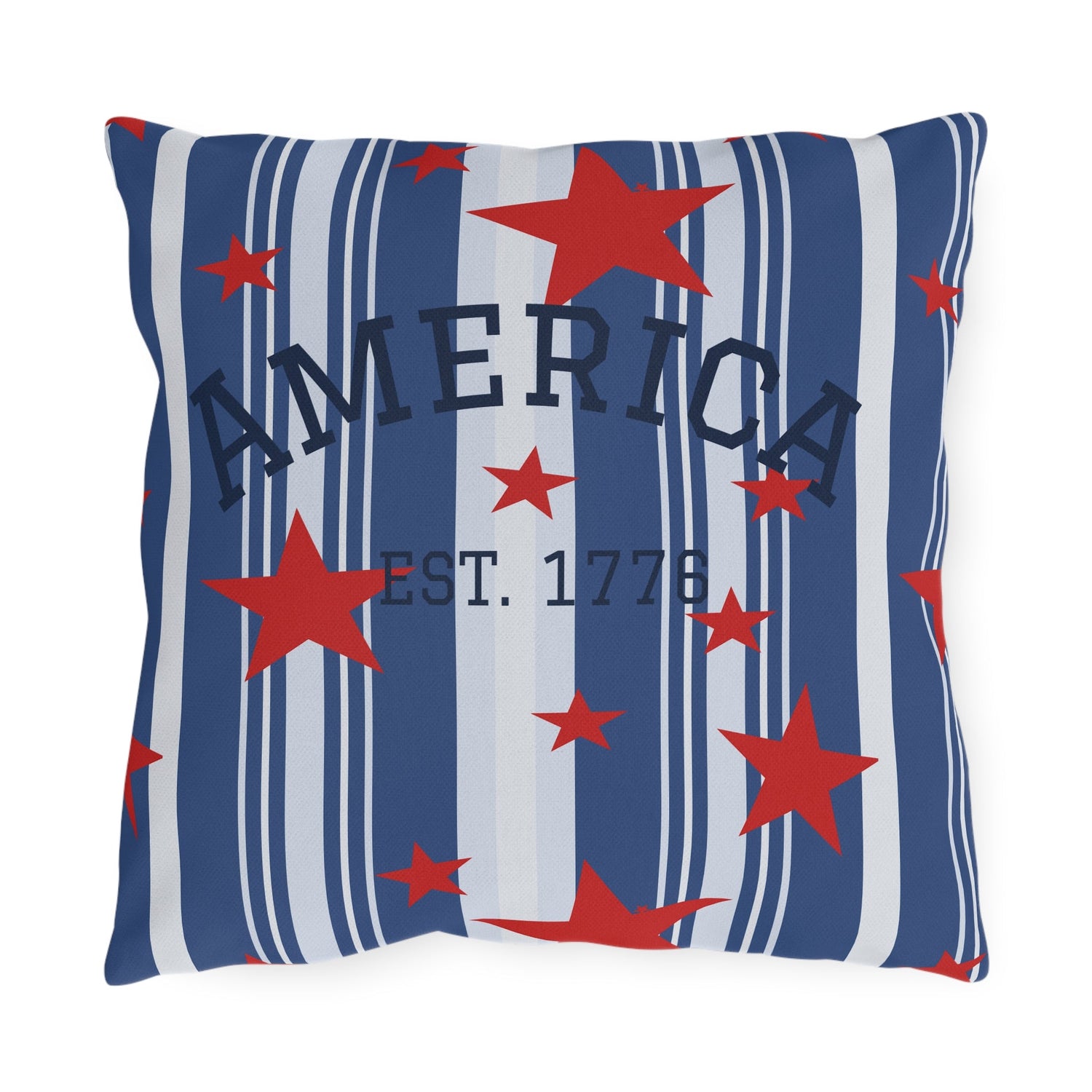 Patriotic decorative throw pillow featuring bold navy blue and white vertical stripes with scattered red stars and the words "America Est. 1776" 