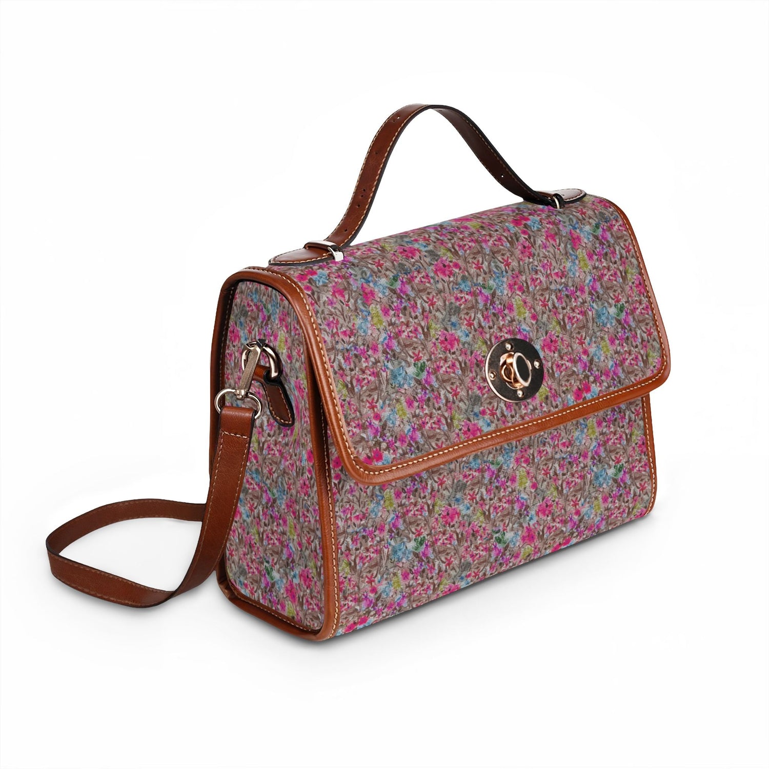 Woman holding structured Golden Hour Daisy floral shoulder handbag in earthy caramel brown watercolor print