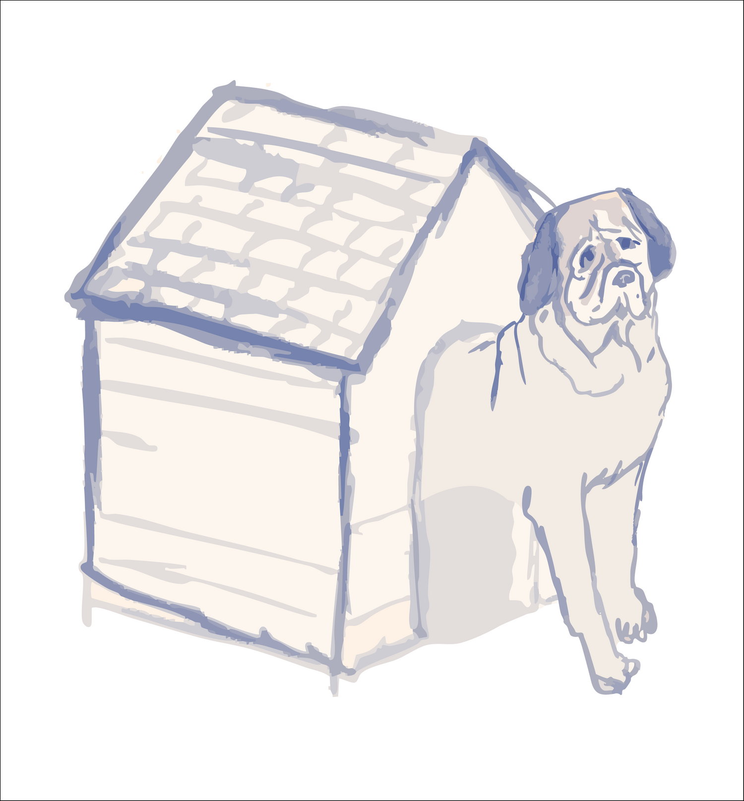 Minimal watercolor-style illustration of a beige dog sitting beside a wooden doghouse, featuring soft blue-gray linework and a neutral hand-painted aesthetic on a light background.