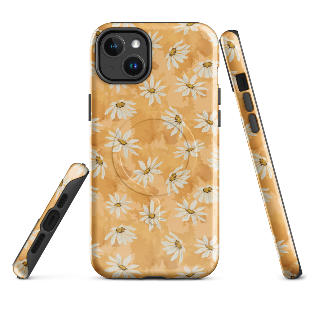Phone case with white daisy pattern on a warm multi tone peach background