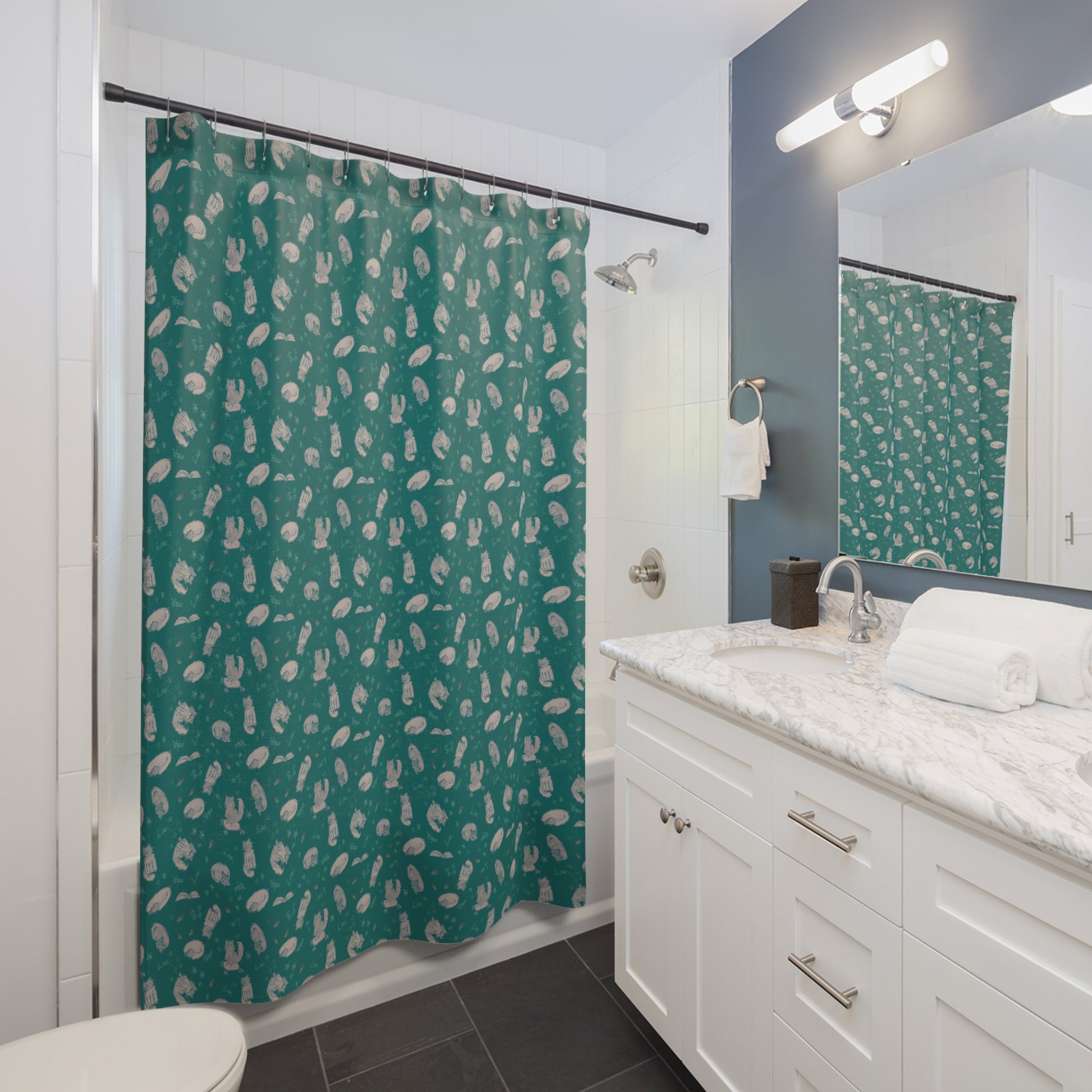 Teal cat-themed shower curtain featuring a cozy repeating pattern of sleeping and fluffy cats, books, stars, leaves, and handwritten details in soft cream on a rich jewel-toned background, perfect for cozy cat lover bathroom décor.