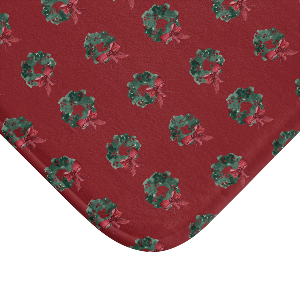Evergreen Wreath Christmas Bath Mat – Red — close-up of the pattern