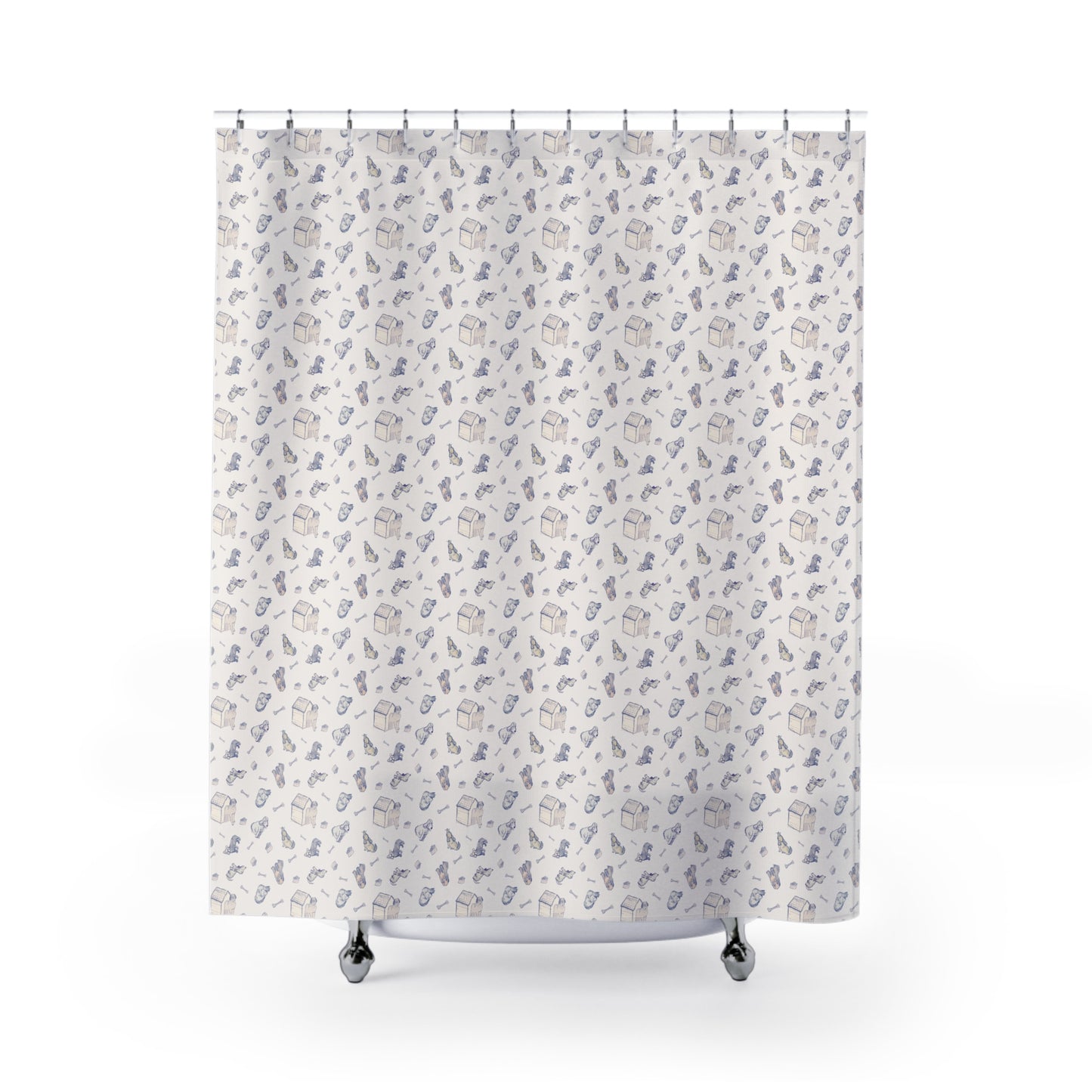 Blue and cream dog-themed shower curtain featuring a repeating hand-drawn pattern of puppies, dog houses, bones, and pet accessories on a soft neutral background in a bright, modern bathroom.