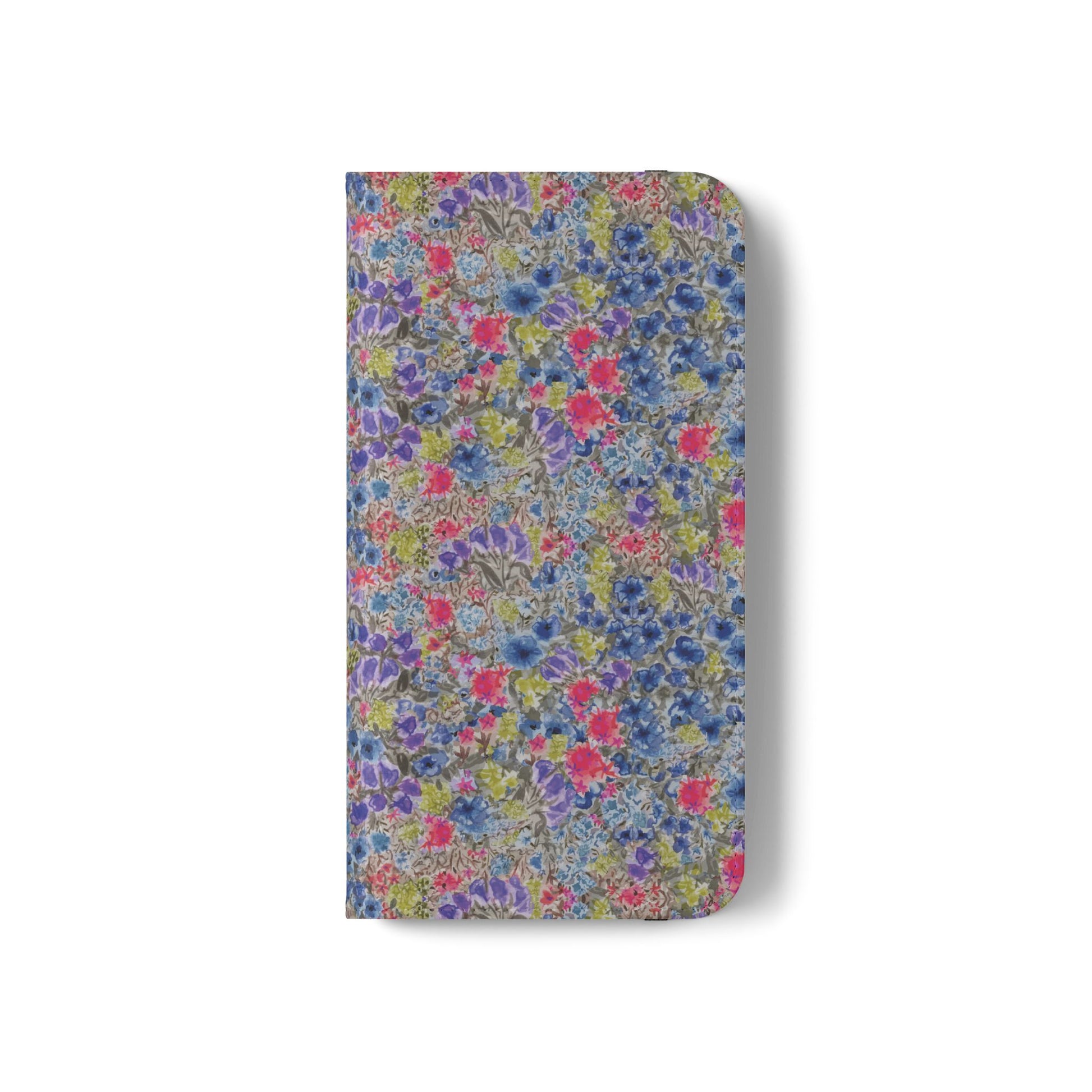 Blue wildflower floral flip phone case with watercolor botanical pattern.