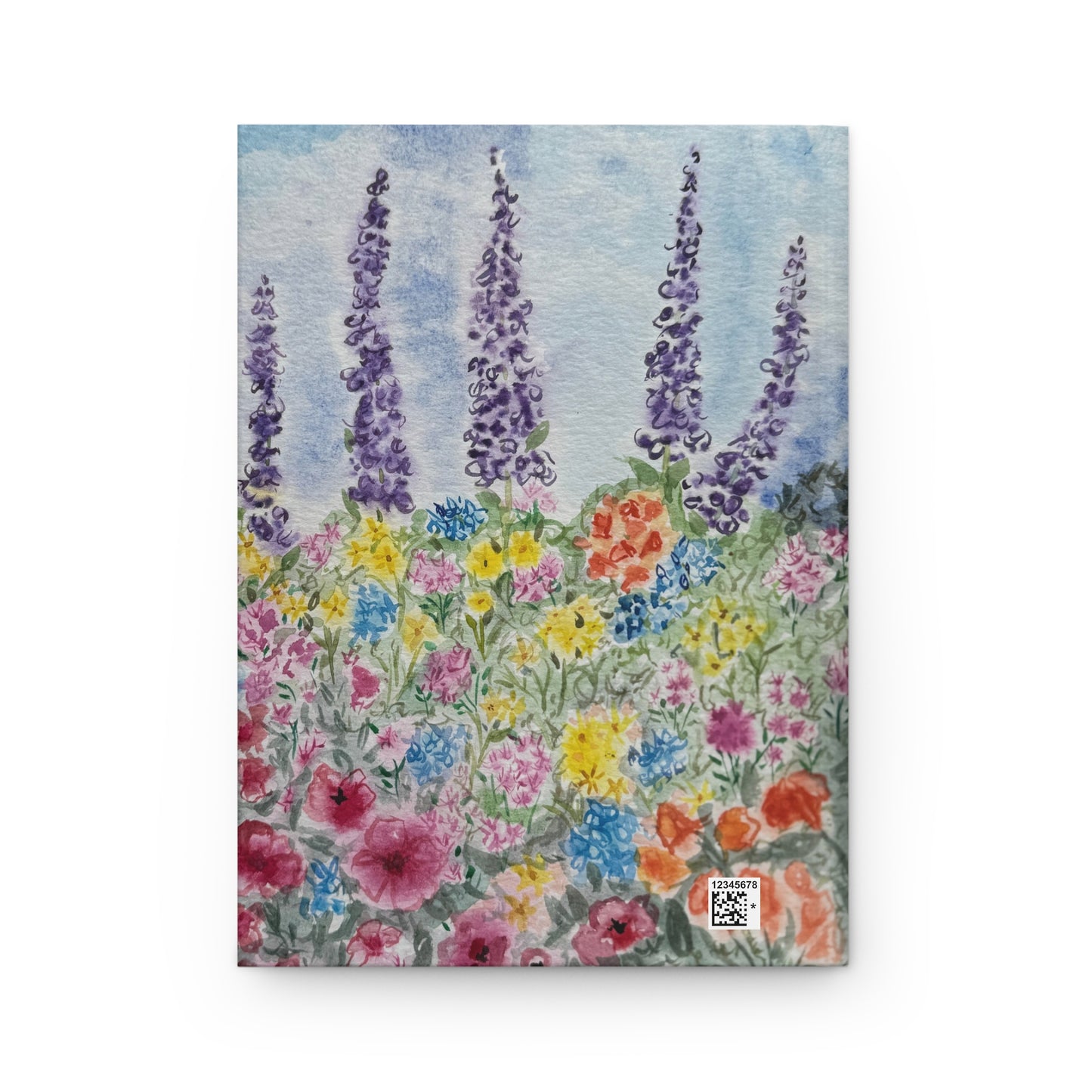 Watercolor garden journal with wildflower meadow and purple lupine flowers on soft blue background