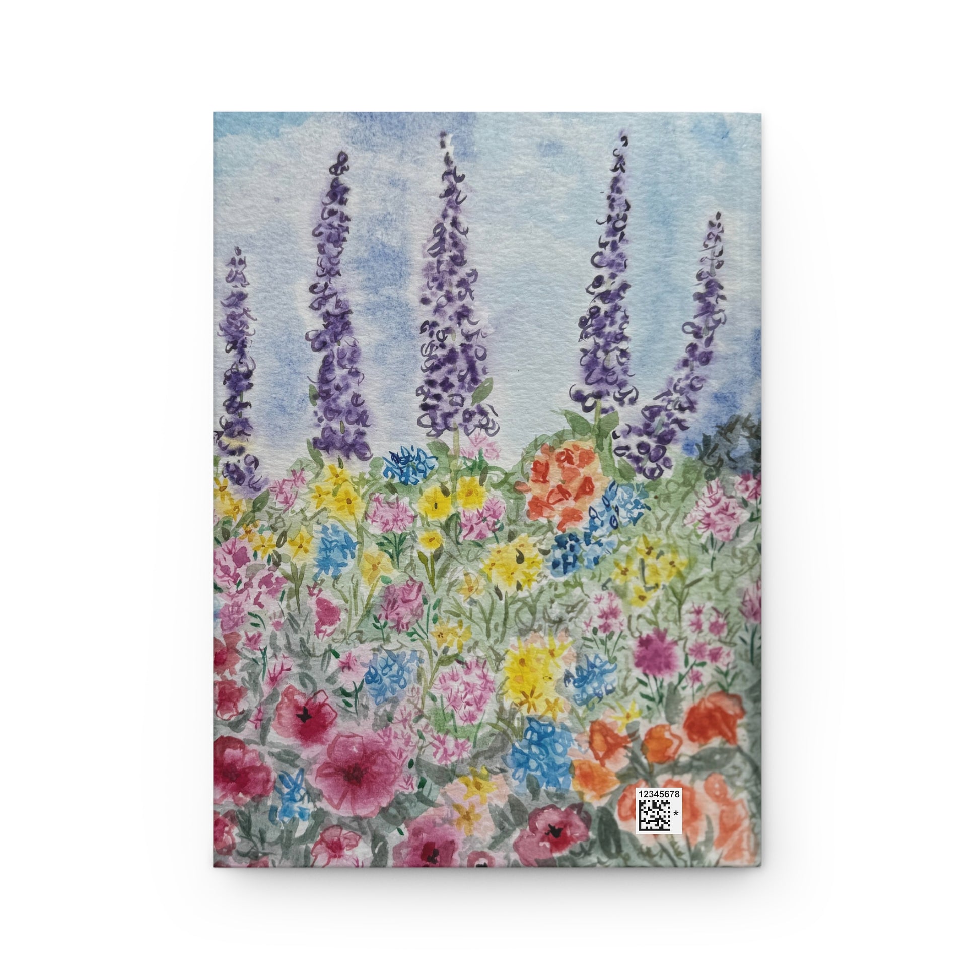 Watercolor garden journal with wildflower meadow and purple lupine flowers on soft blue background