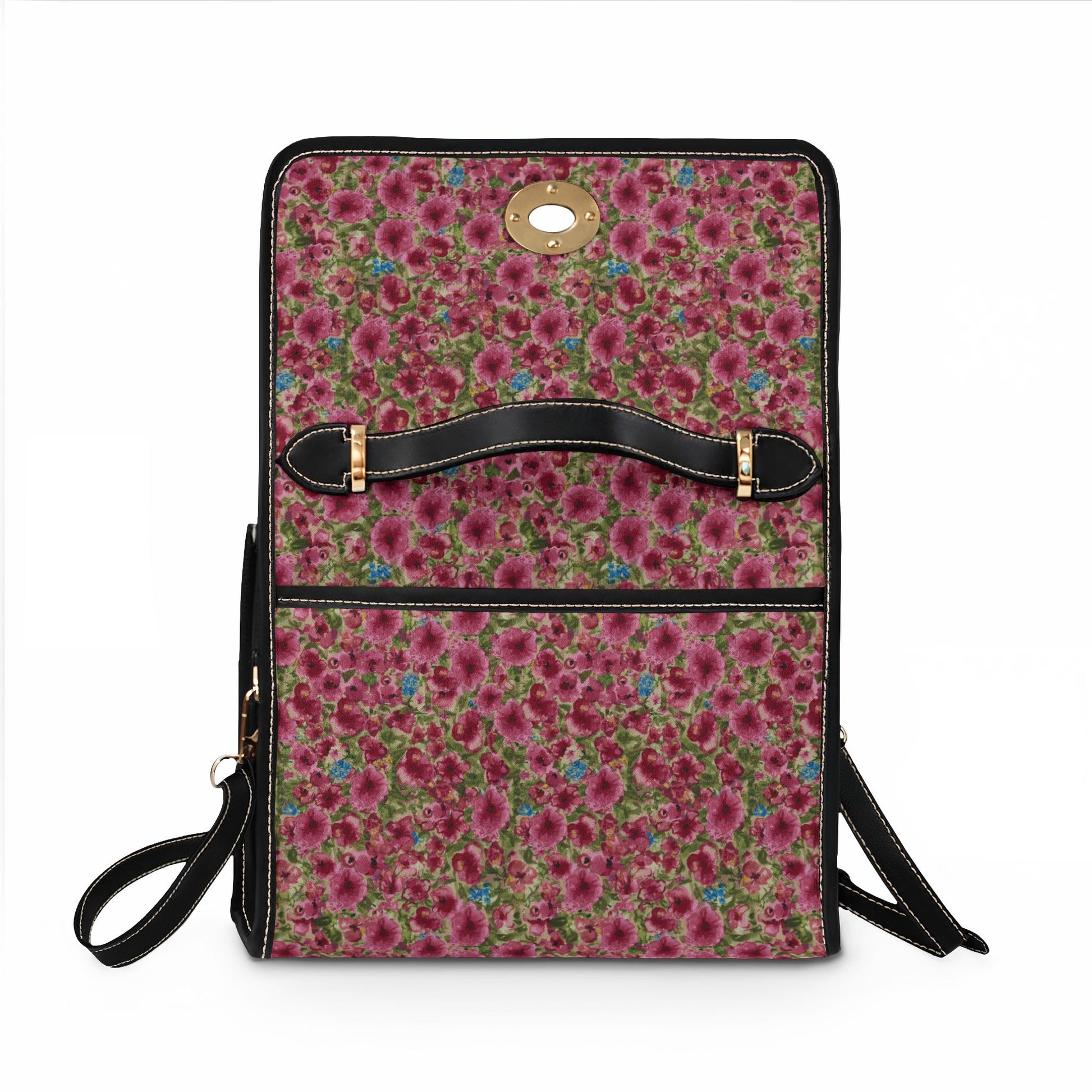 Pink watercolor poppies floral satchel handbag featuring a cottage garden botanical pattern with crossbody strap and top handle.