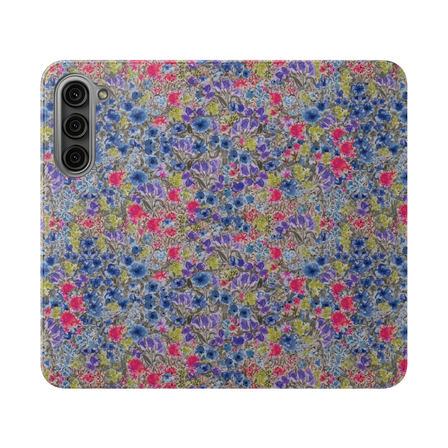 Blue watercolor wildflower wallet phone case featuring vibrant floral meadow artwork with pink and purple blossoms.