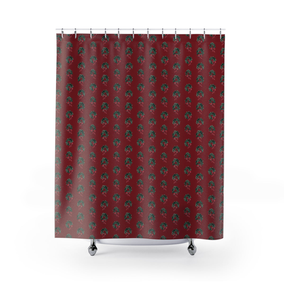 Shower curtain with hand-painted evergreen wreaths on red