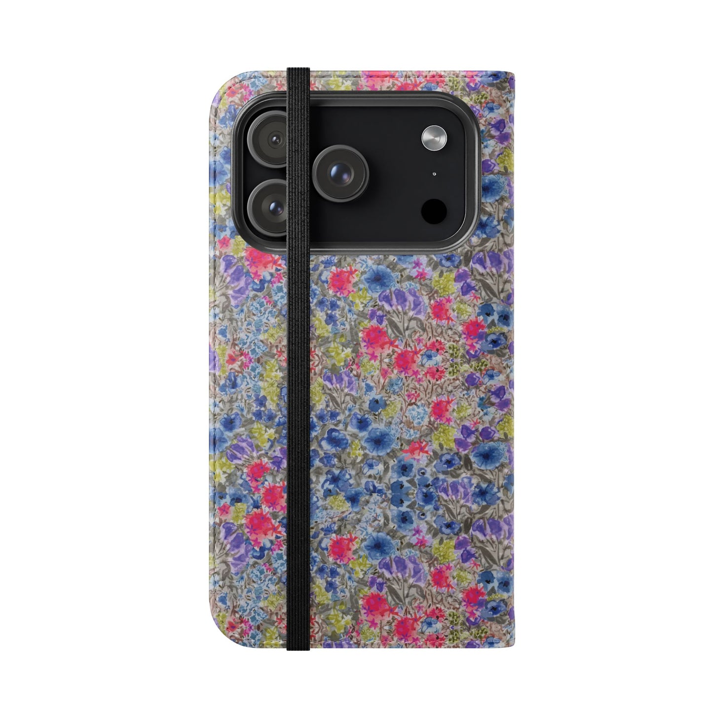 Blue wildflower floral flip phone case with watercolor botanical pattern.