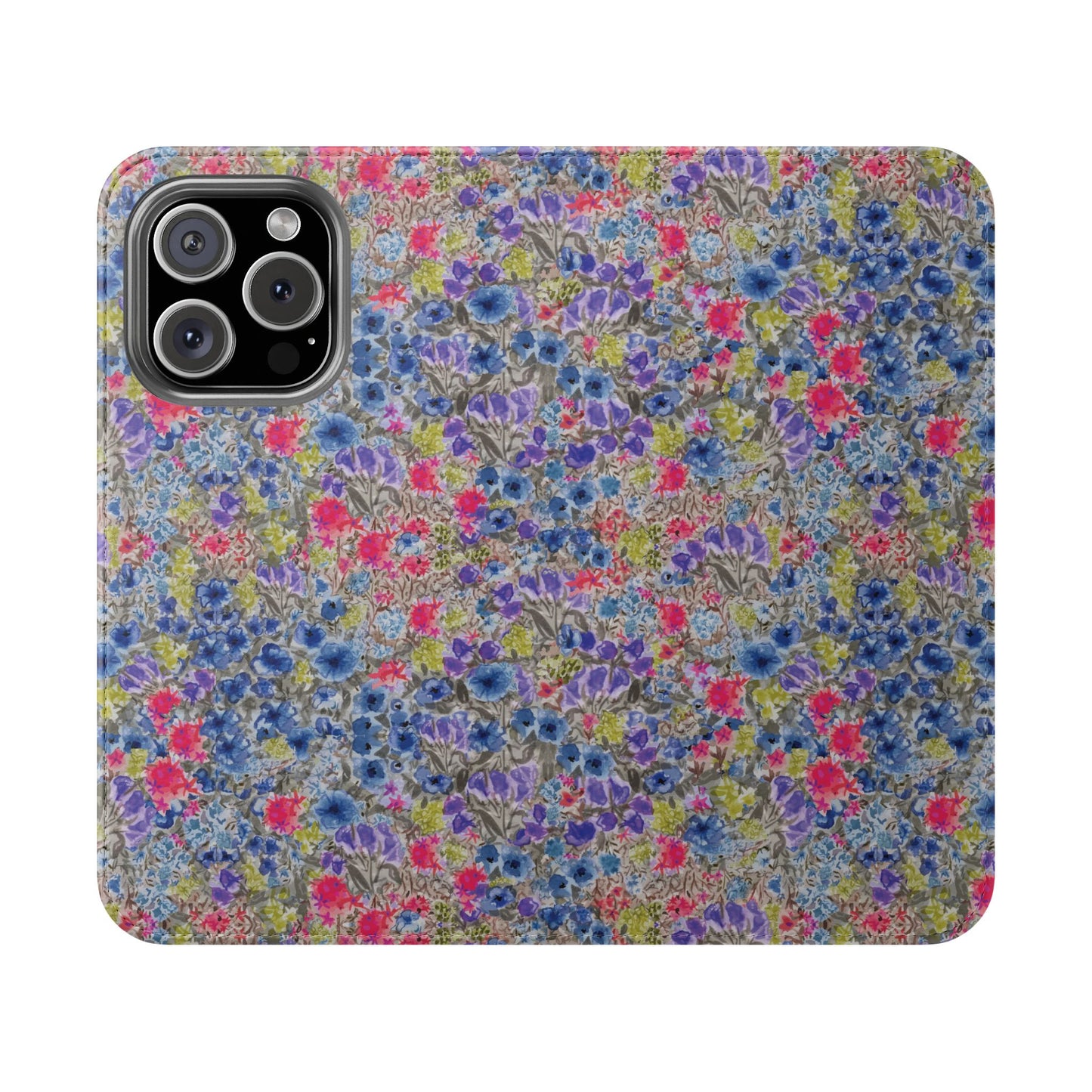 Blue watercolor wildflower wallet phone case featuring vibrant floral meadow artwork with pink and purple blossoms.
