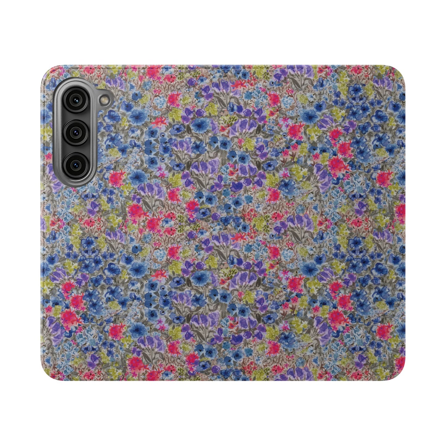 Blue watercolor wildflower wallet phone case featuring vibrant floral meadow artwork with pink and purple blossoms.