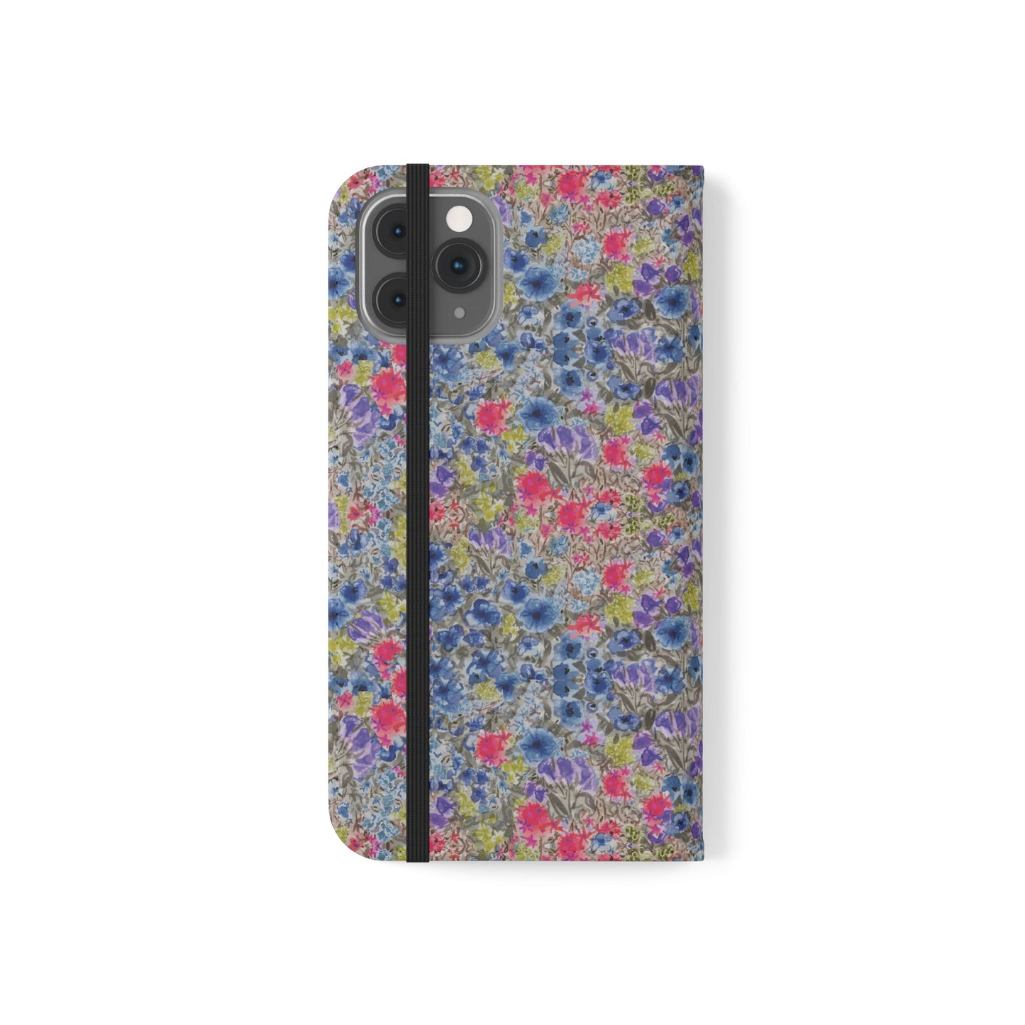 Blue wildflower floral flip phone case with watercolor botanical pattern.