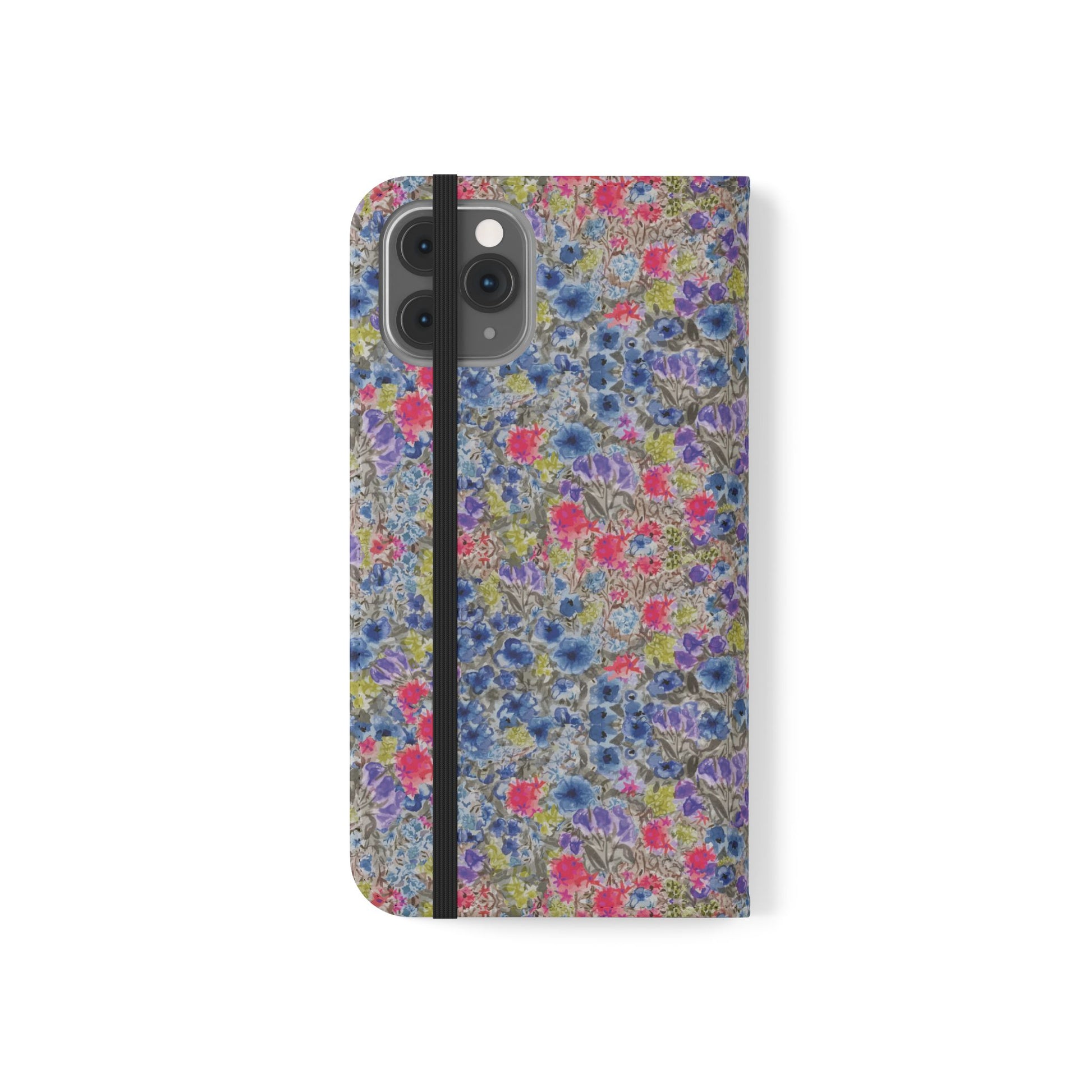 Blue wildflower floral flip phone case with watercolor botanical pattern.