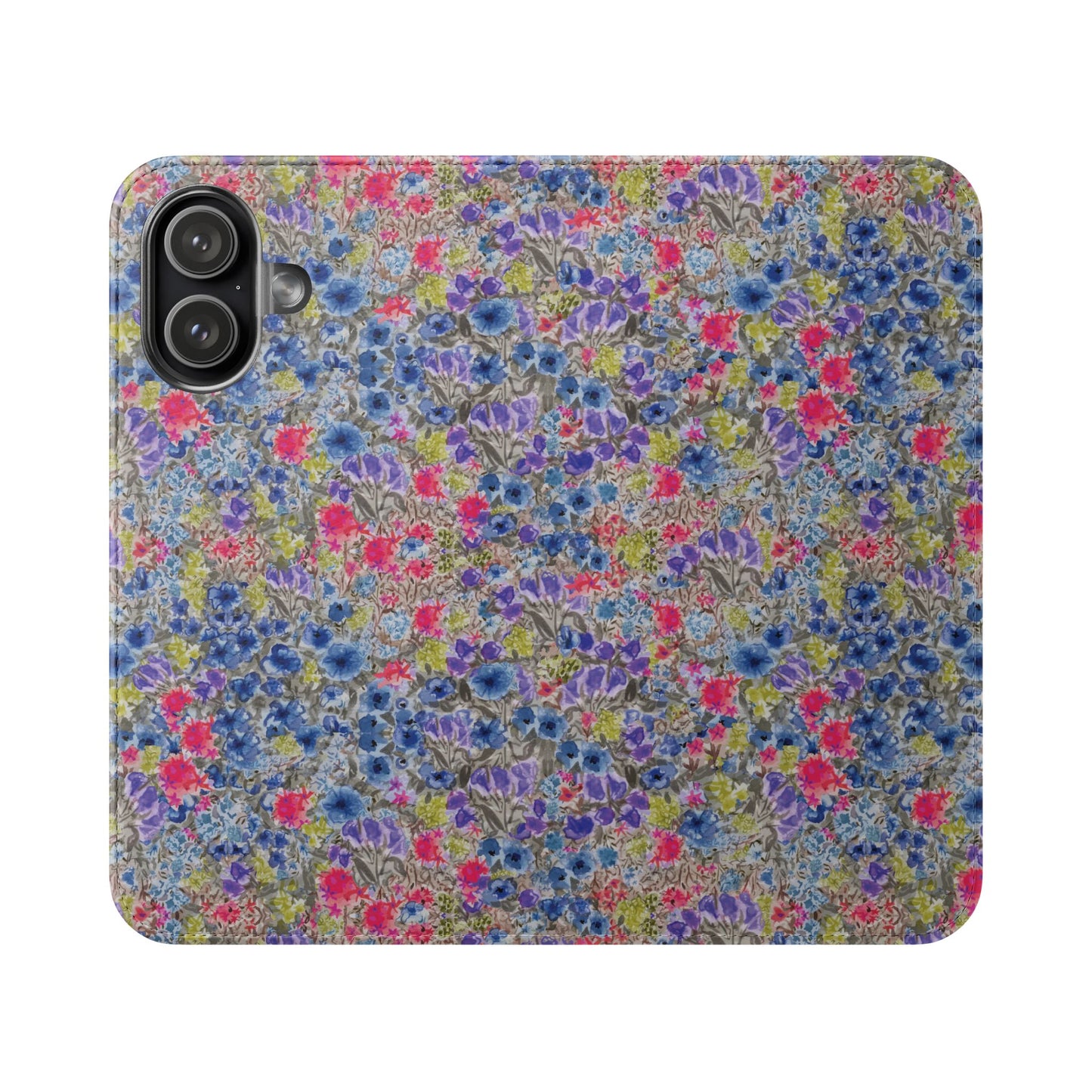 Blue watercolor wildflower wallet phone case featuring vibrant floral meadow artwork with pink and purple blossoms.