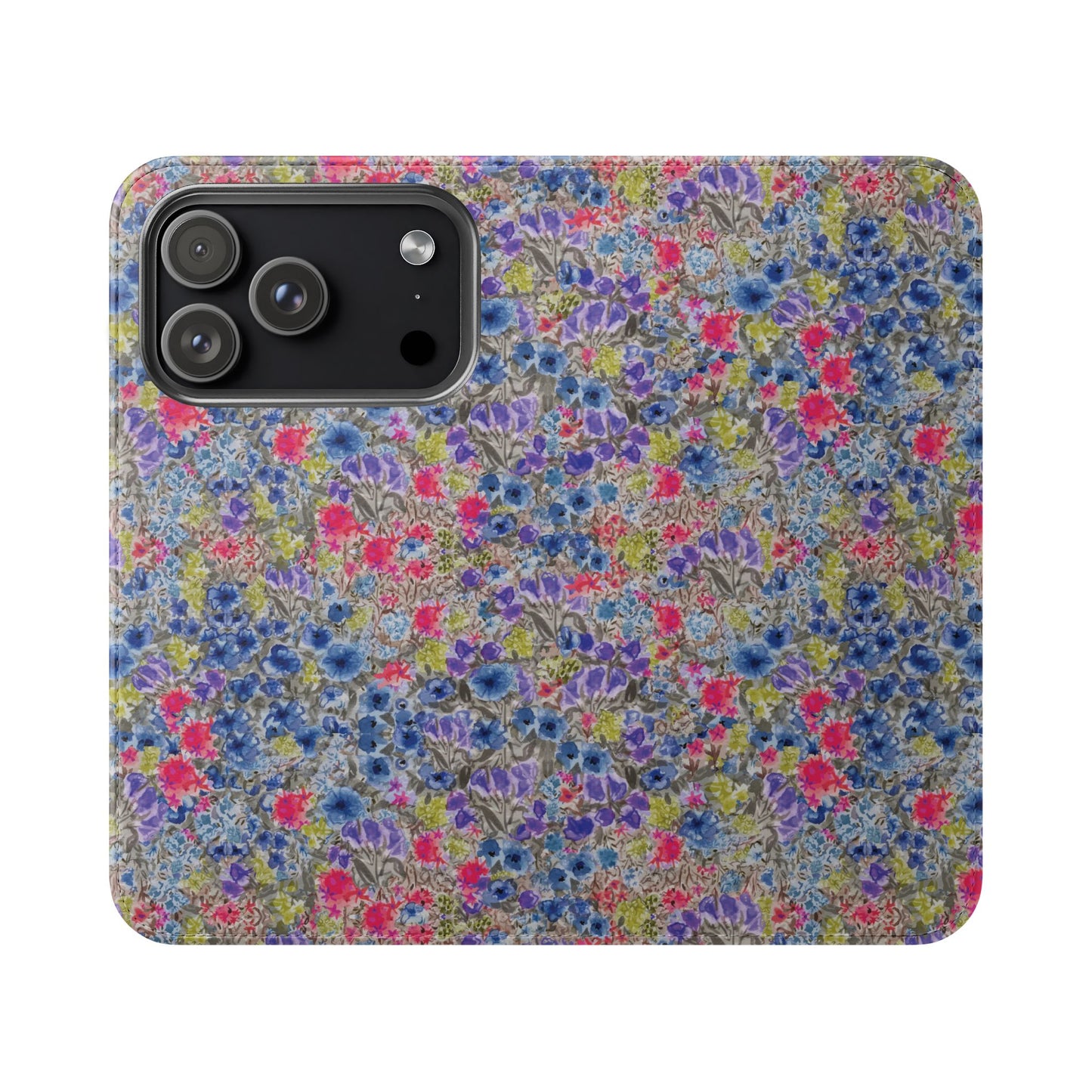 Blue watercolor wildflower wallet phone case featuring vibrant floral meadow artwork with pink and purple blossoms.