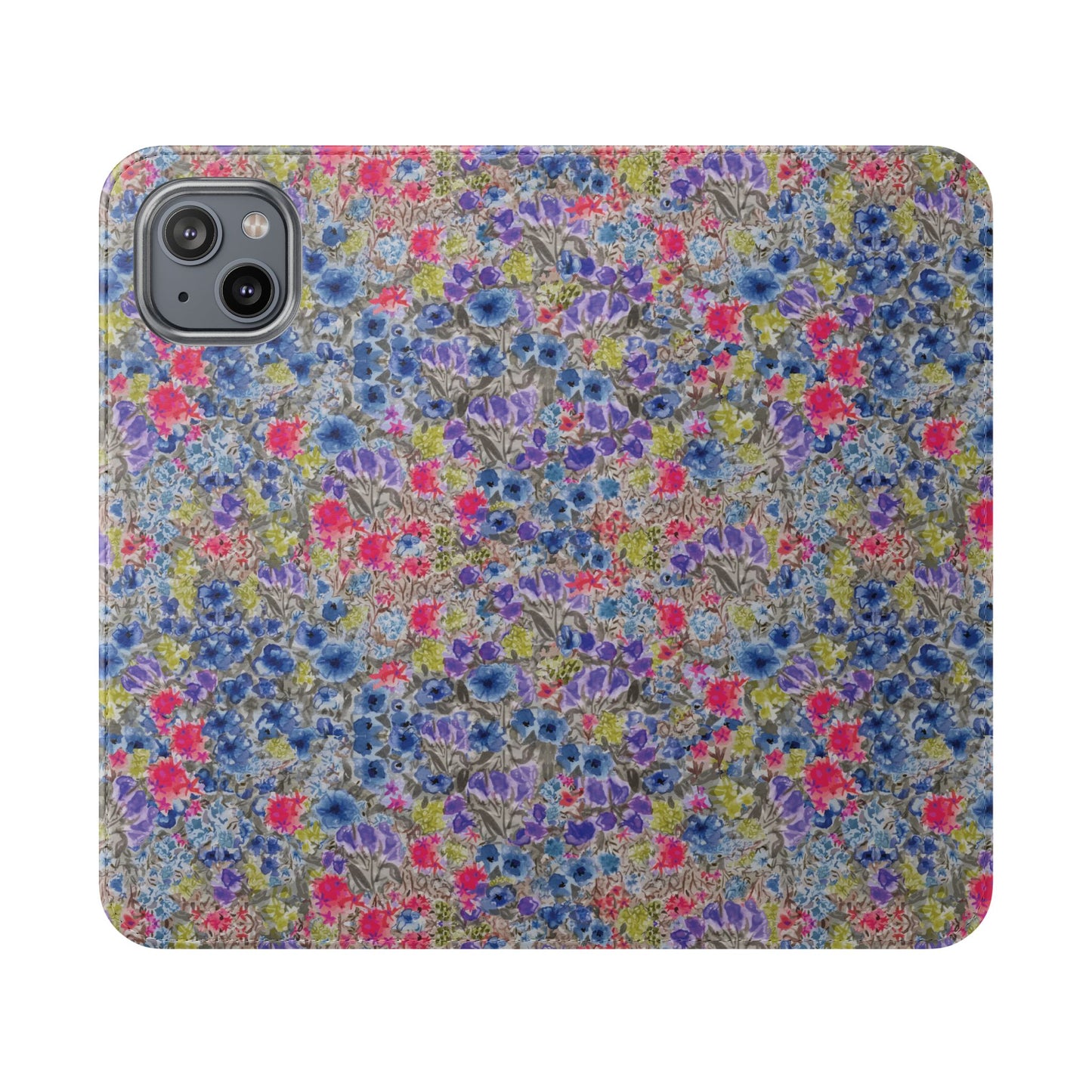 Blue watercolor wildflower wallet phone case featuring vibrant floral meadow artwork with pink and purple blossoms.