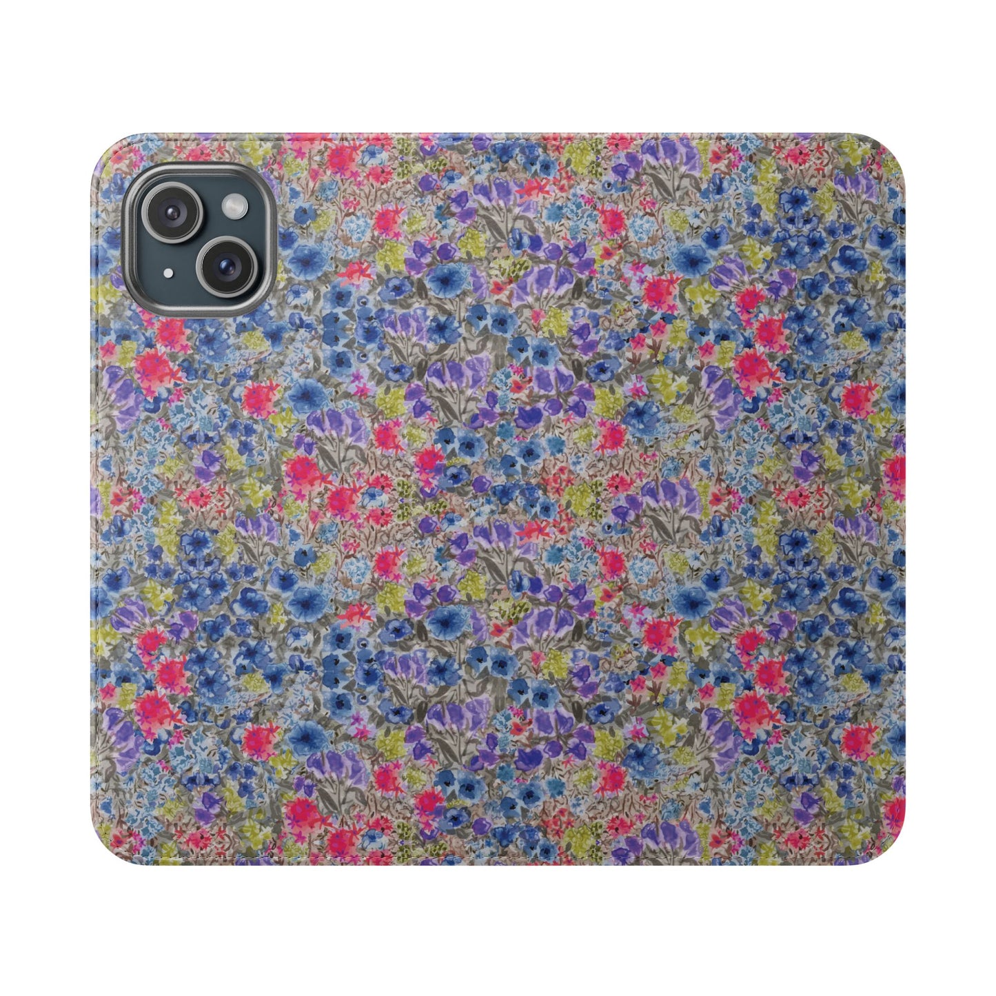 Blue watercolor wildflower wallet phone case featuring vibrant floral meadow artwork with pink and purple blossoms.