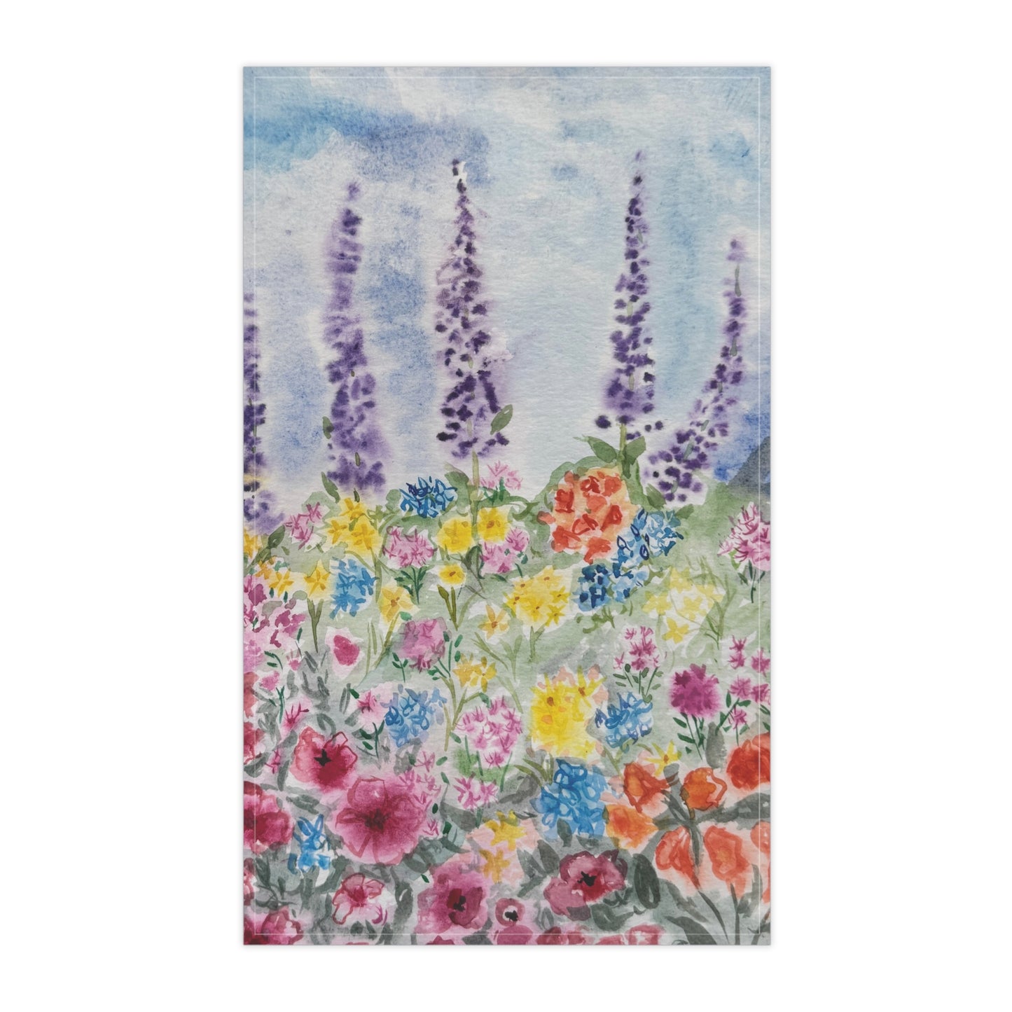 Watercolor floral tea towel featuring lavender stems and colorful wildflowers in soft blue, purple, pink, and yellow tones on a light background.