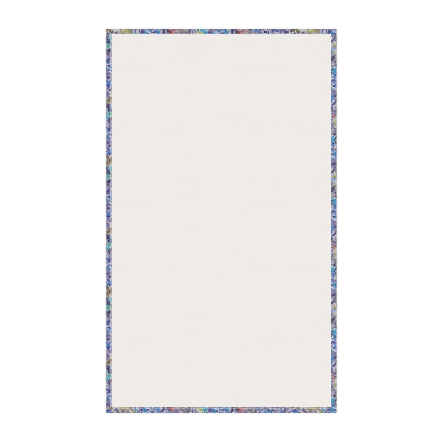 Watercolor floral tea towel with pink blossoms, earthy brown tones, and soft blue accents in a meadow-style pattern.