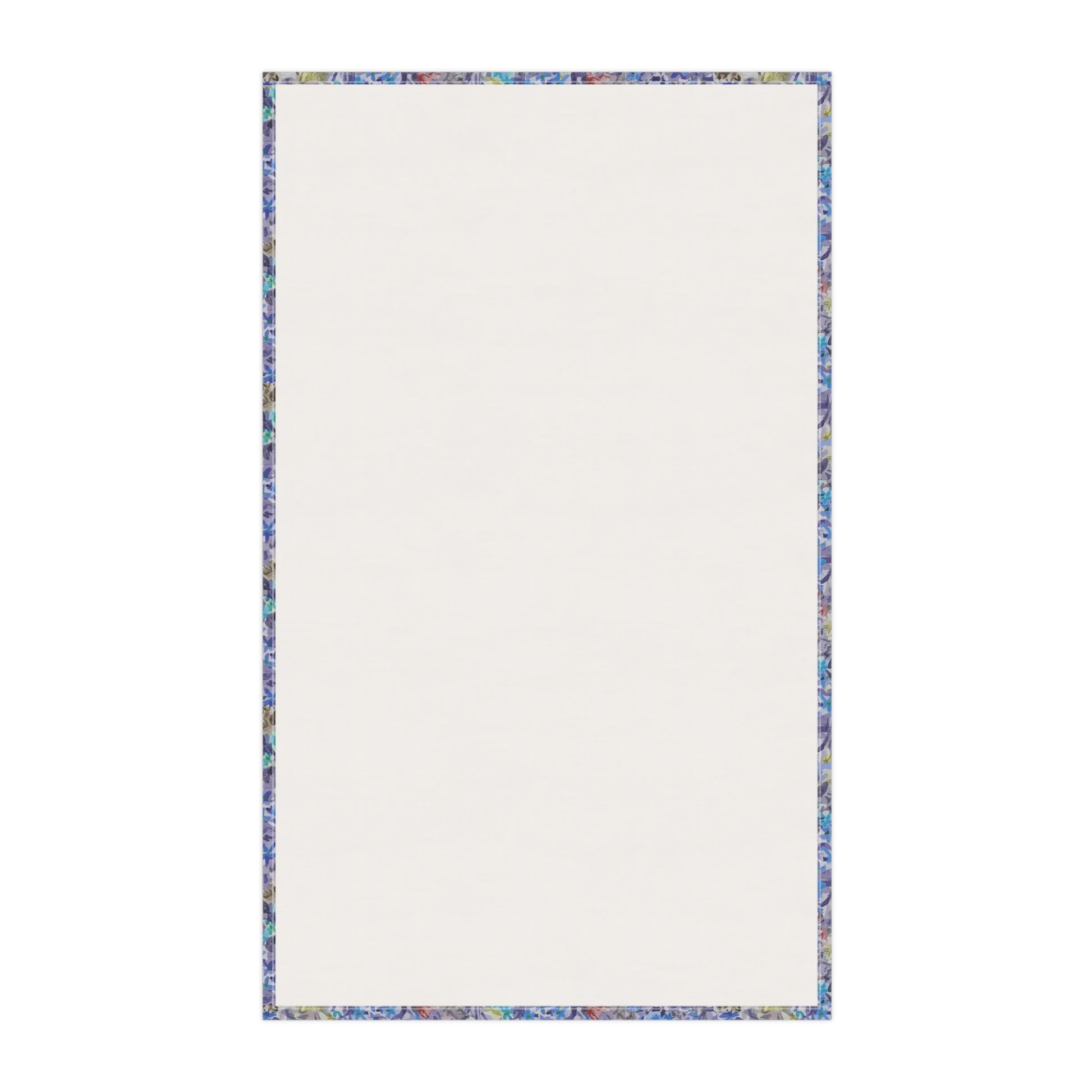 Watercolor floral tea towel with pink blossoms, earthy brown tones, and soft blue accents in a meadow-style pattern.