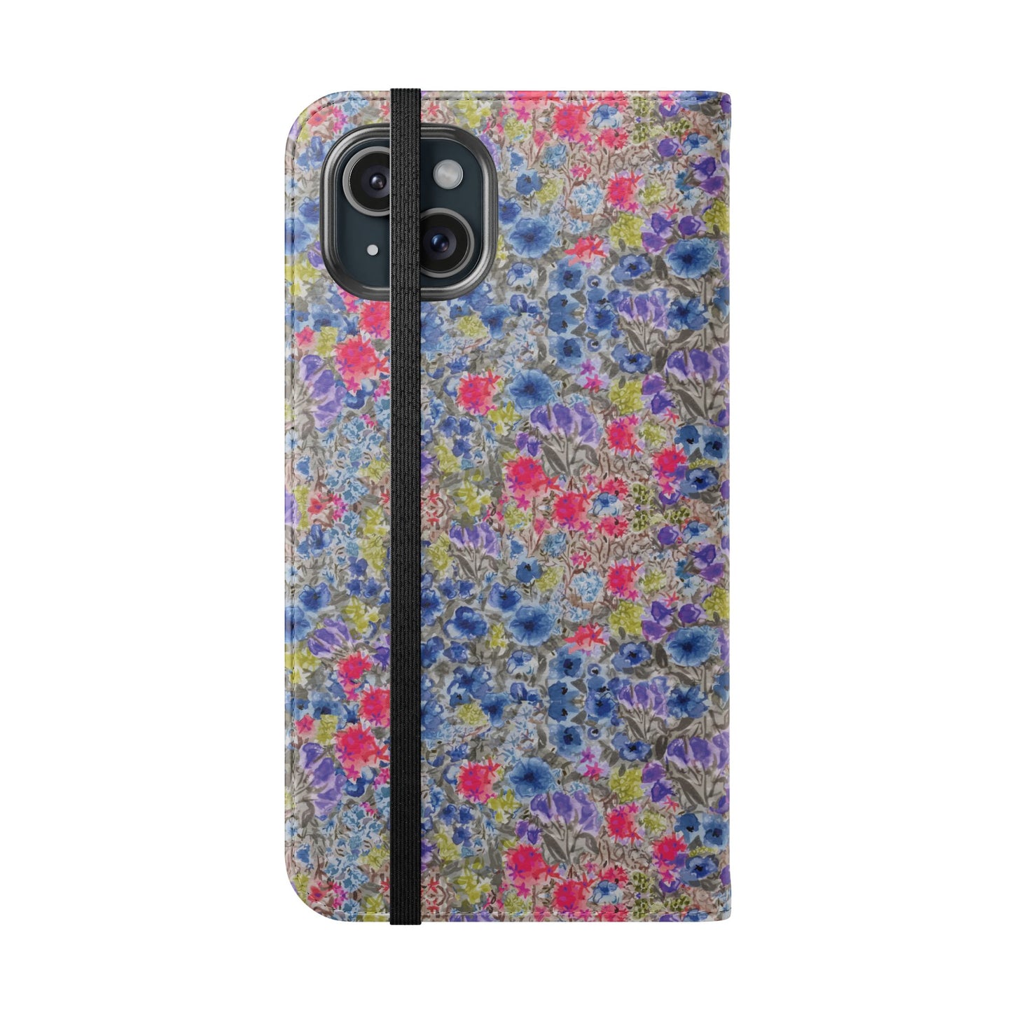Blue wildflower floral flip phone case with watercolor botanical pattern.