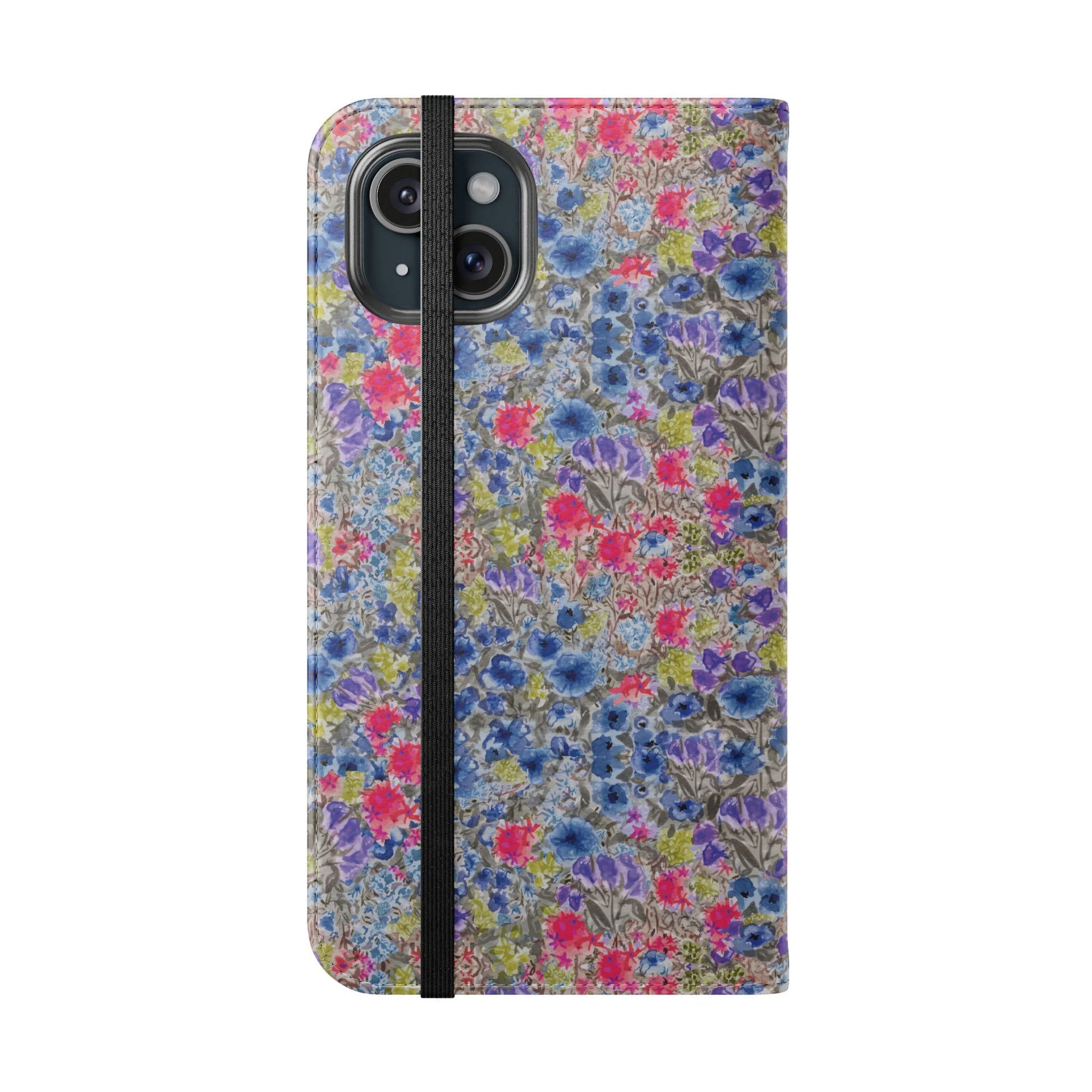 Blue wildflower floral flip phone case with watercolor botanical pattern.