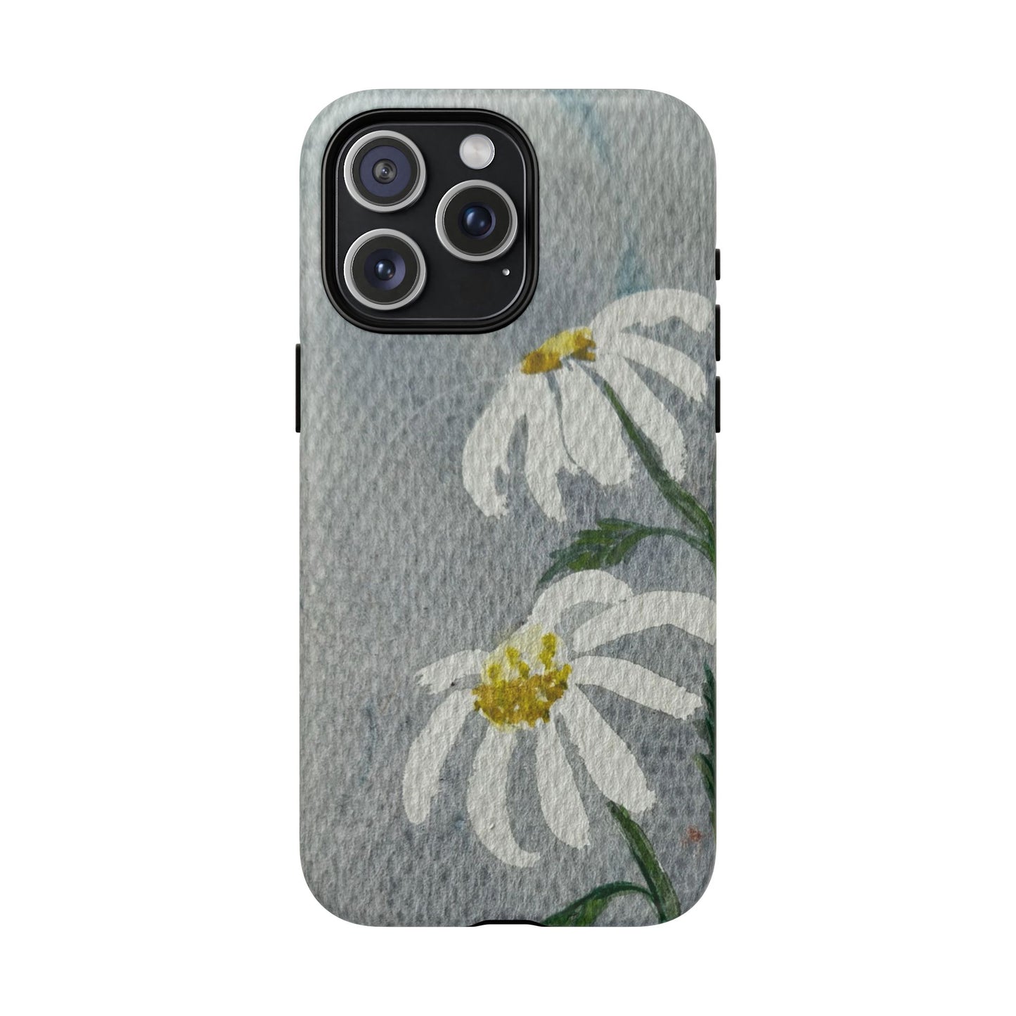 Phone case with daisy flower design on a textured gray background