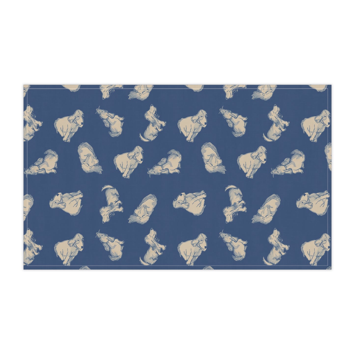 Patterned tea towel with blue background and beige illustrations of dogs