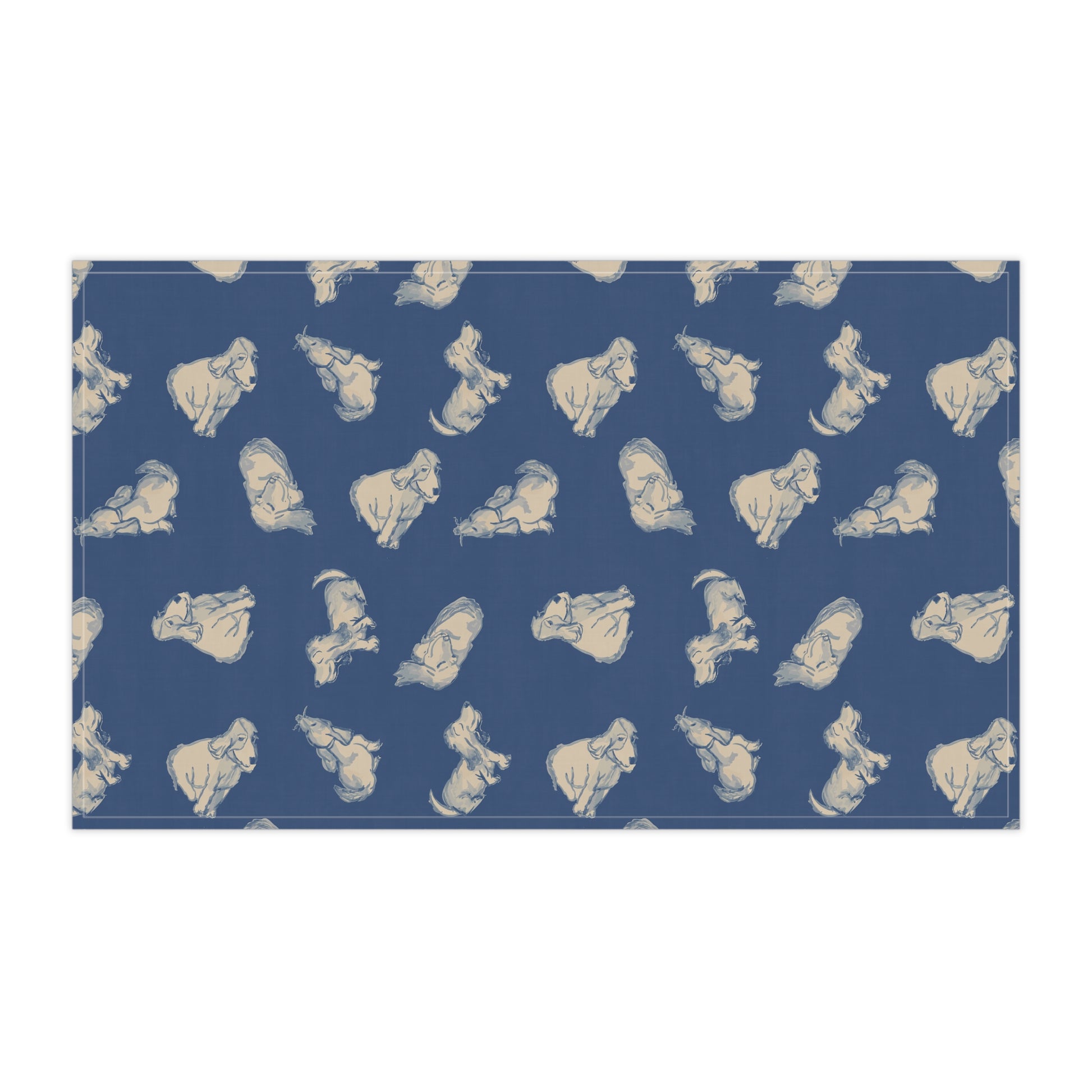 Patterned tea towel with blue background and beige illustrations of dogs