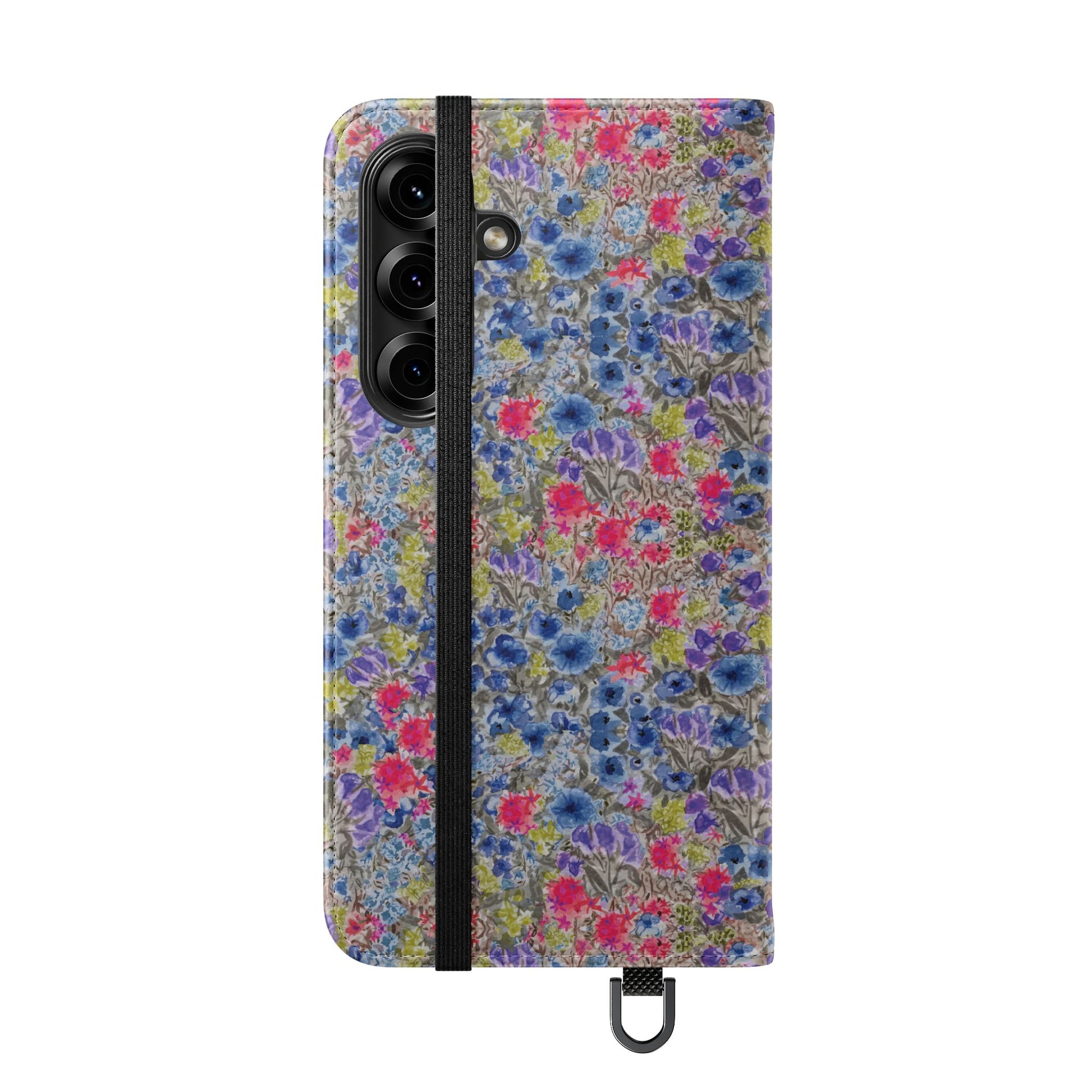 Blue wildflower floral flip phone case with watercolor botanical pattern.
